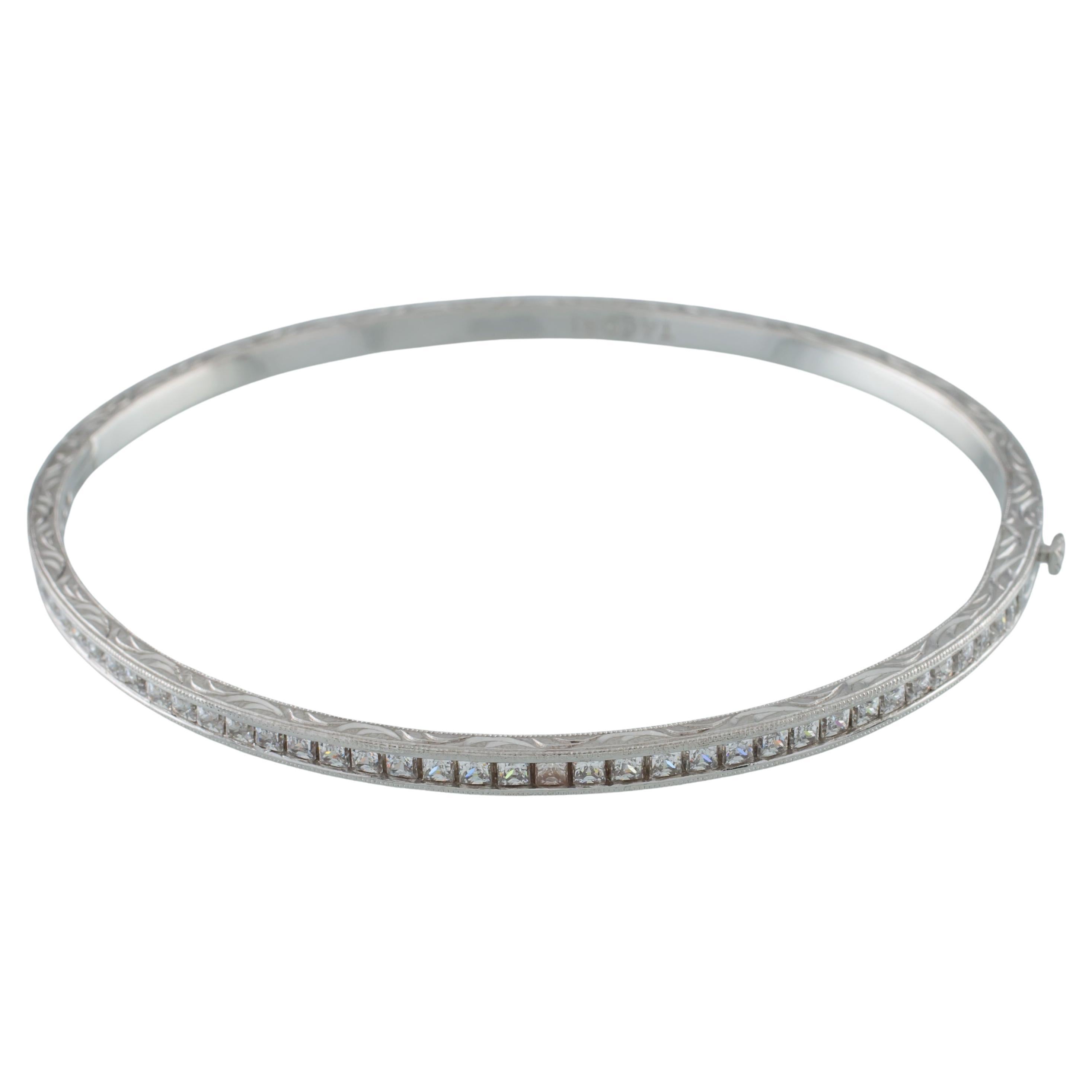 Tacori Engraved Sterling Silver & Princess Cut CZ Bangle Bracelet, Size 7.5