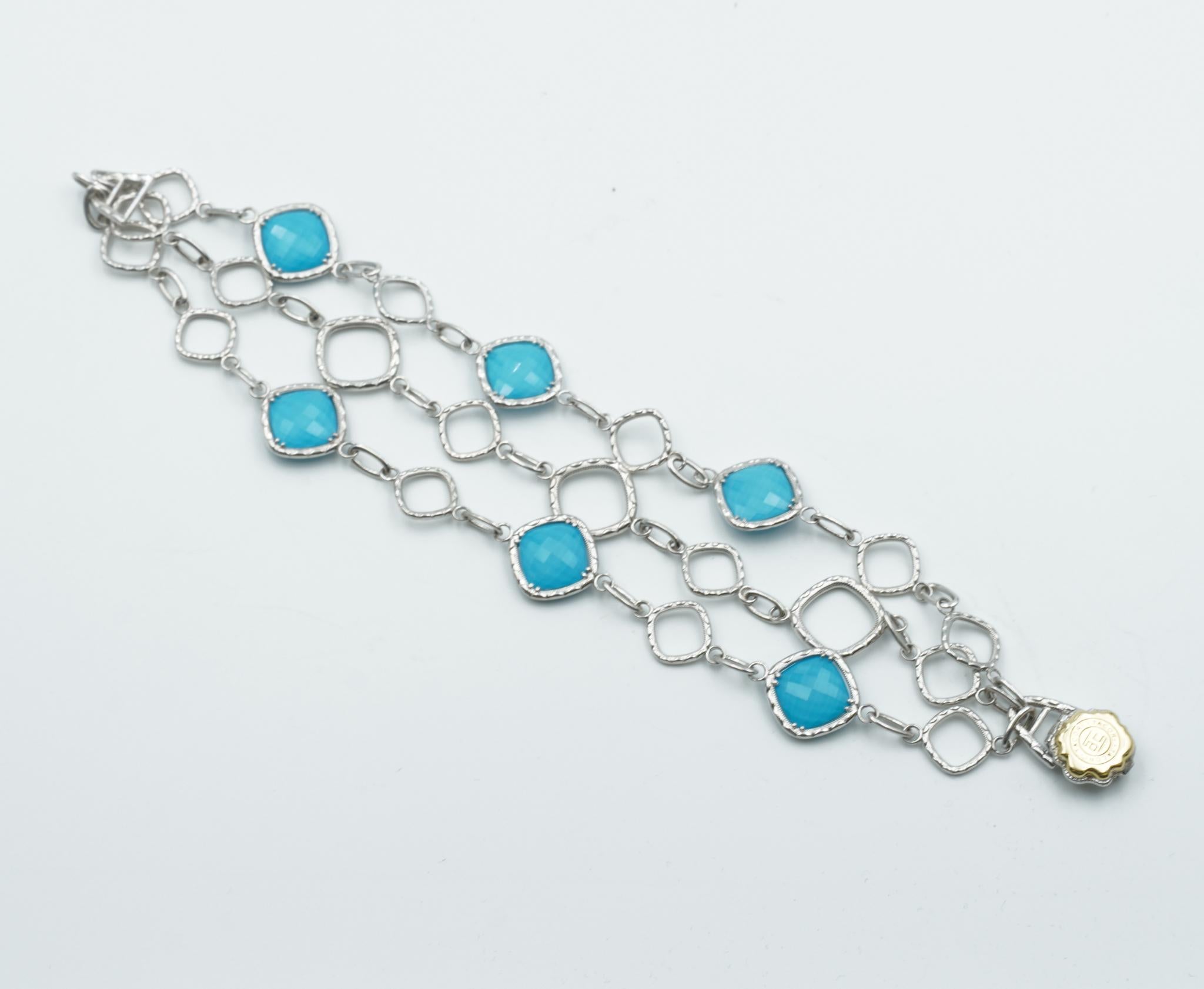 Faceted Clear Quartz is layered over Neolite Turquoise and set within the diamond-shaped links of this triple strand bracelet; fastened into luxe swoops of silver with an 18kt gold Tacori gem seal. Brand new. Handcrafted with extraordinary care by