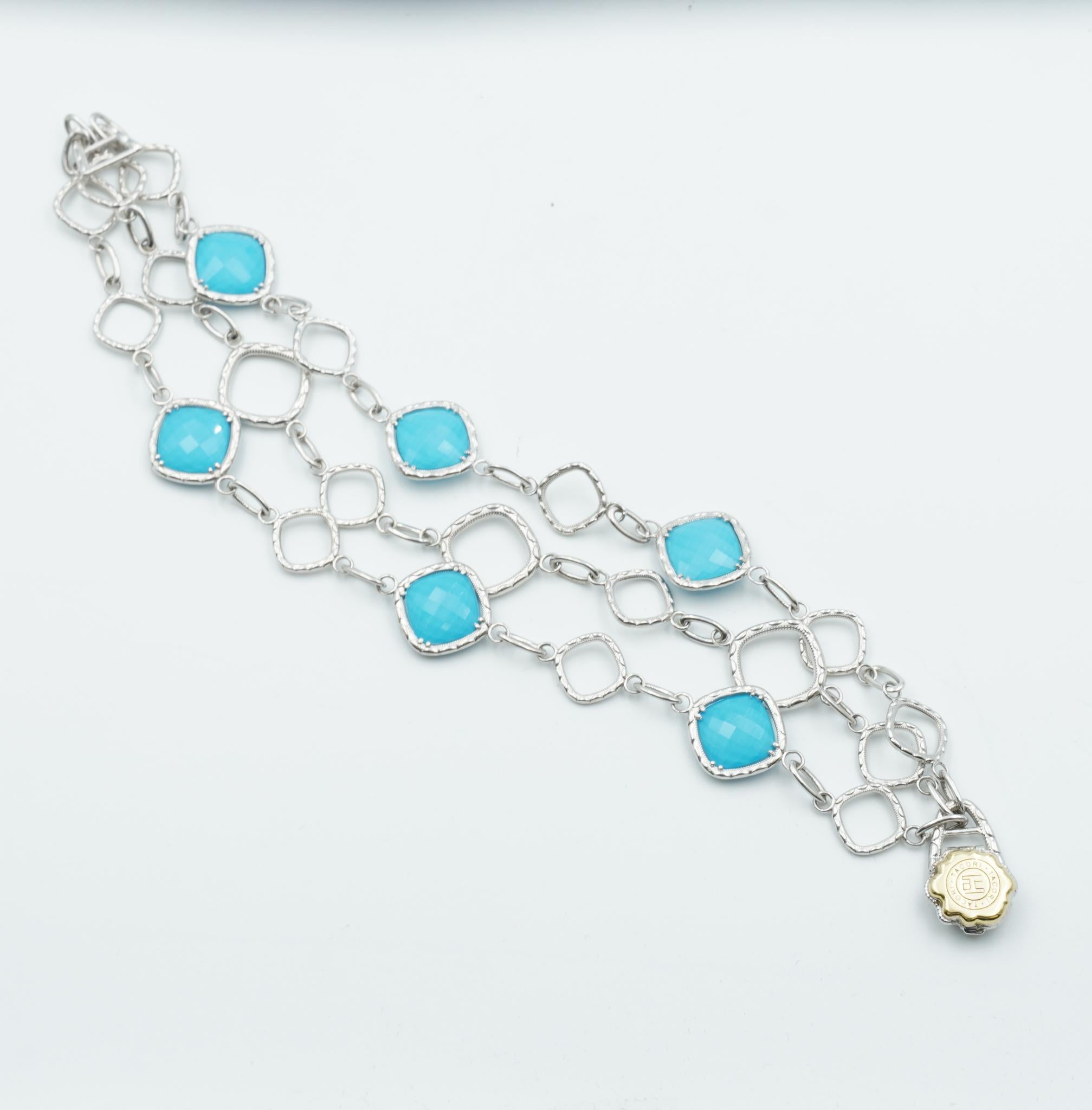 Mixed Cut Tacori Faceted Clear Quartz & Neo-Turquoise Gathered Gem Bracelet in Silver