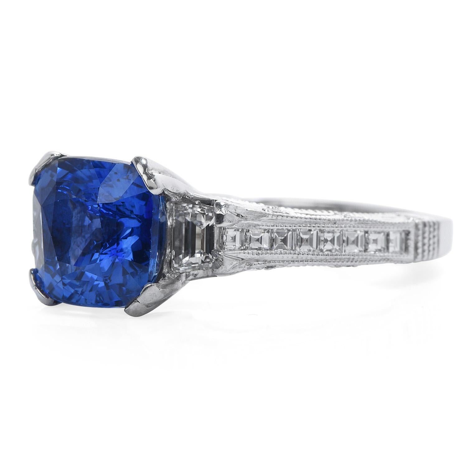 This exquisite Tacori piece is enhanced by the deep blue of the GIA Certified Ceylon Sapphire,

Crafted in solid heavy Platinum, the center is adorned by a GIA certified square cushion-cut Sri Lankan Ceylon Blue sapphire with heat treatment, Cushion