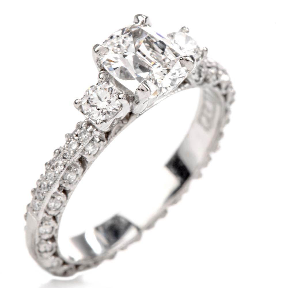 This highly decorative diamond engagement ring is crafted in solid platinum, weighing 5.7 grams and measuring 6mm x 6mm high. Showcasing a centered prong-set GIA lab reported cushion brilliant diamond, weighing 0.84 carats, graded F color and SI1