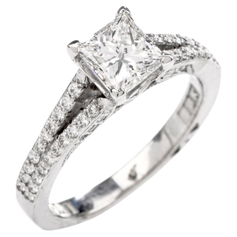Bague de fiançailles Tacori GIA Princesse 1.32 Diamant Platinum Split Shank
