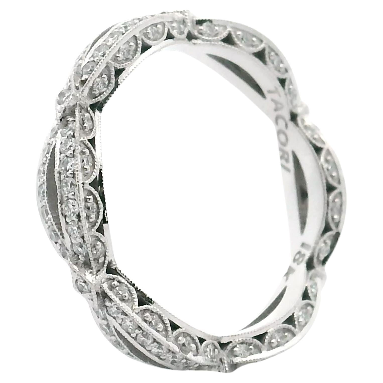 Round Cut Tacori HT2528 18K White Gold Ribbon Eternity Band, Diamonds 0.61 Carats Size 6.5 For Sale