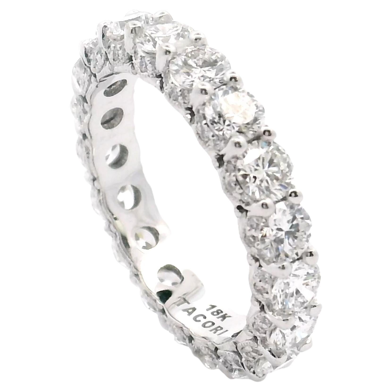 Tacori HT2632 18k white gold eternity ring with round diamonds totaling 3.20 carats, G color, VS cloarity.  This hand engraved ring is part of the designer's 'Royal T' collection. The side profile showcases Tacori's signature crescent design, with