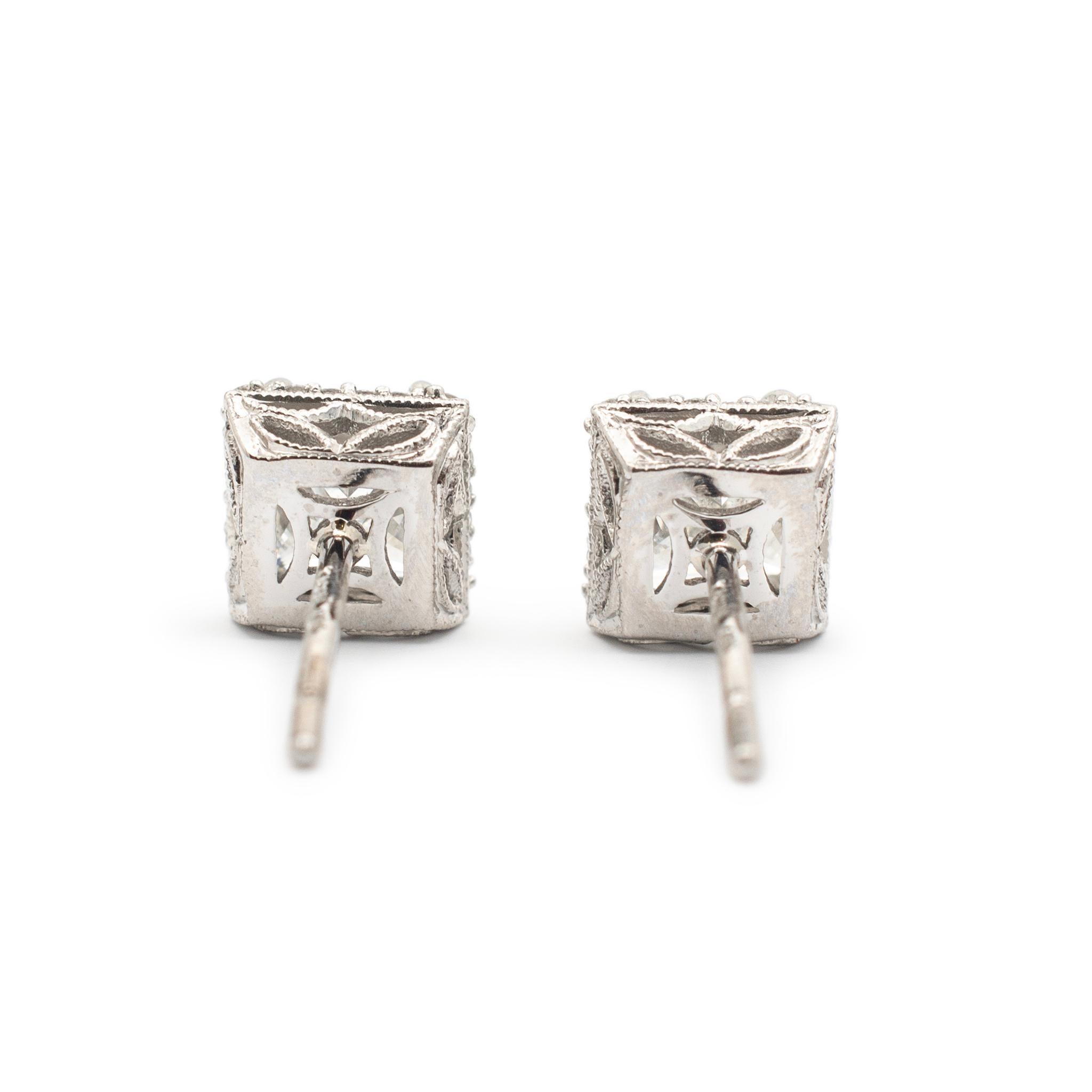 Tacori Ladies 18K White Gold Filigreed Style Square Halo Diamond Stud Earrings For Sale 1