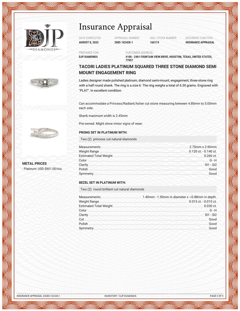 Tacori Ladies Platinum Squared Three Stone Diamond Semi Mount Engagement Ring For Sale 5