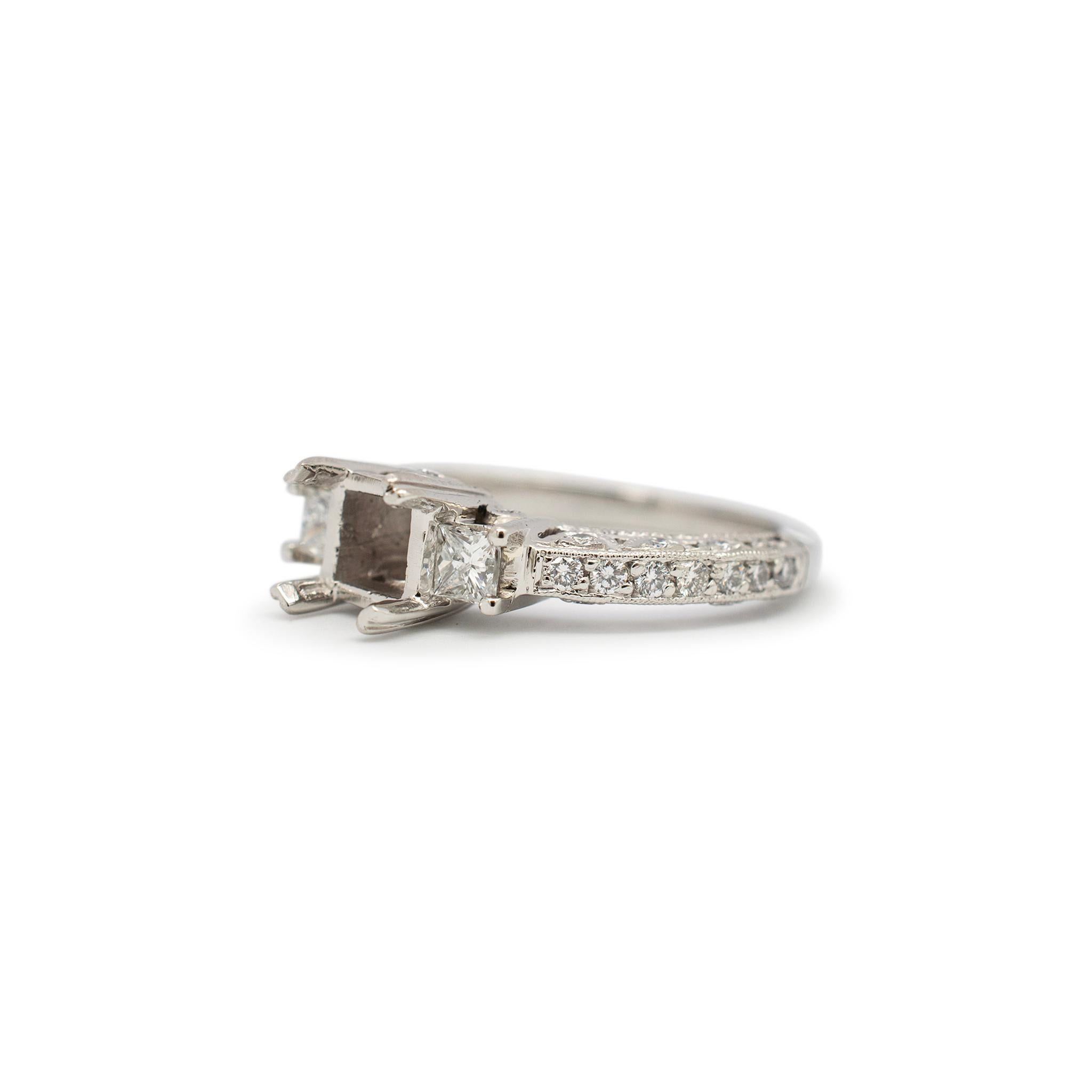 Princess Cut Tacori Ladies Platinum Squared Three Stone Diamond Semi Mount Engagement Ring For Sale