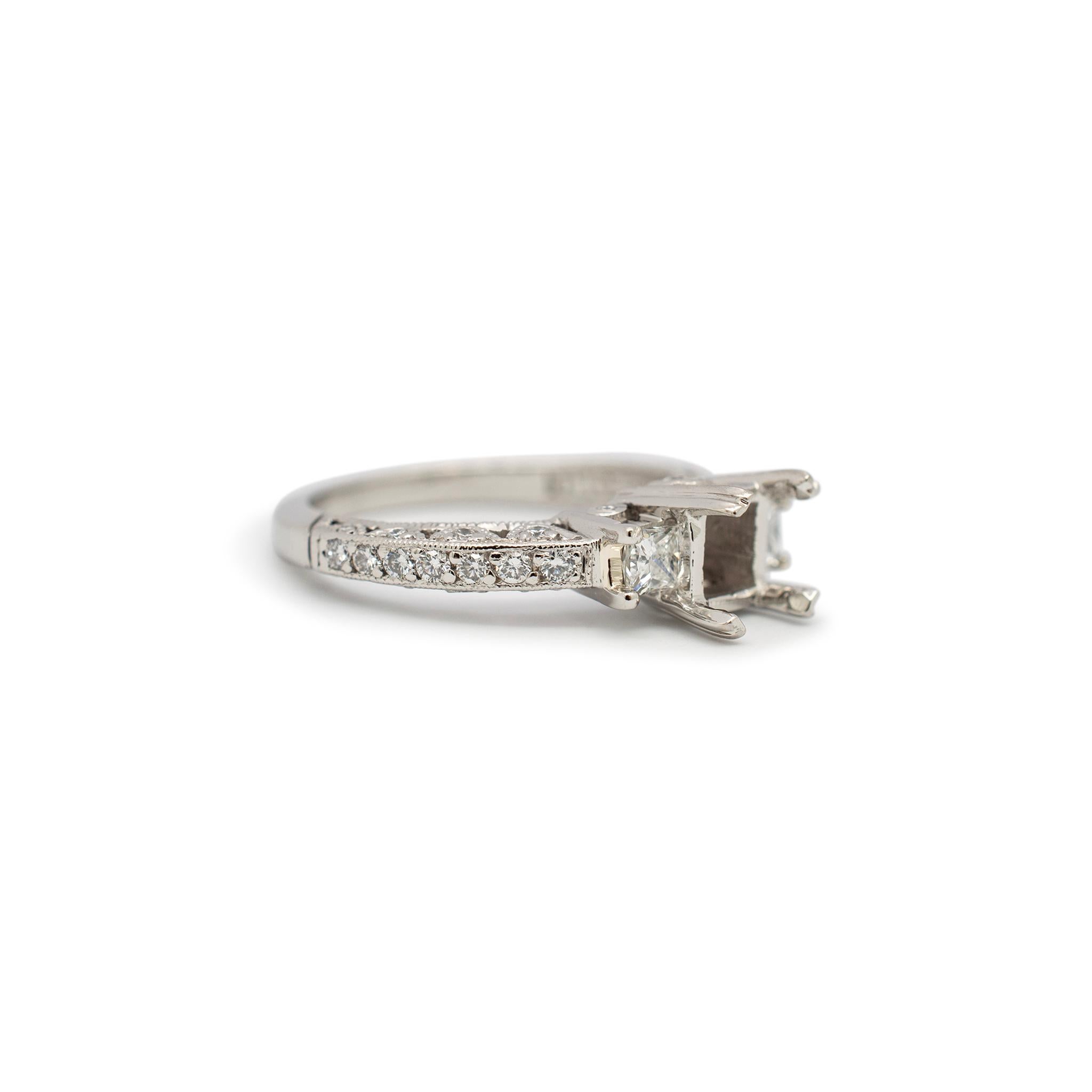 Tacori Ladies Platinum Squared Three Stone Diamond Semi Mount Engagement Ring In Excellent Condition For Sale In Houston, TX