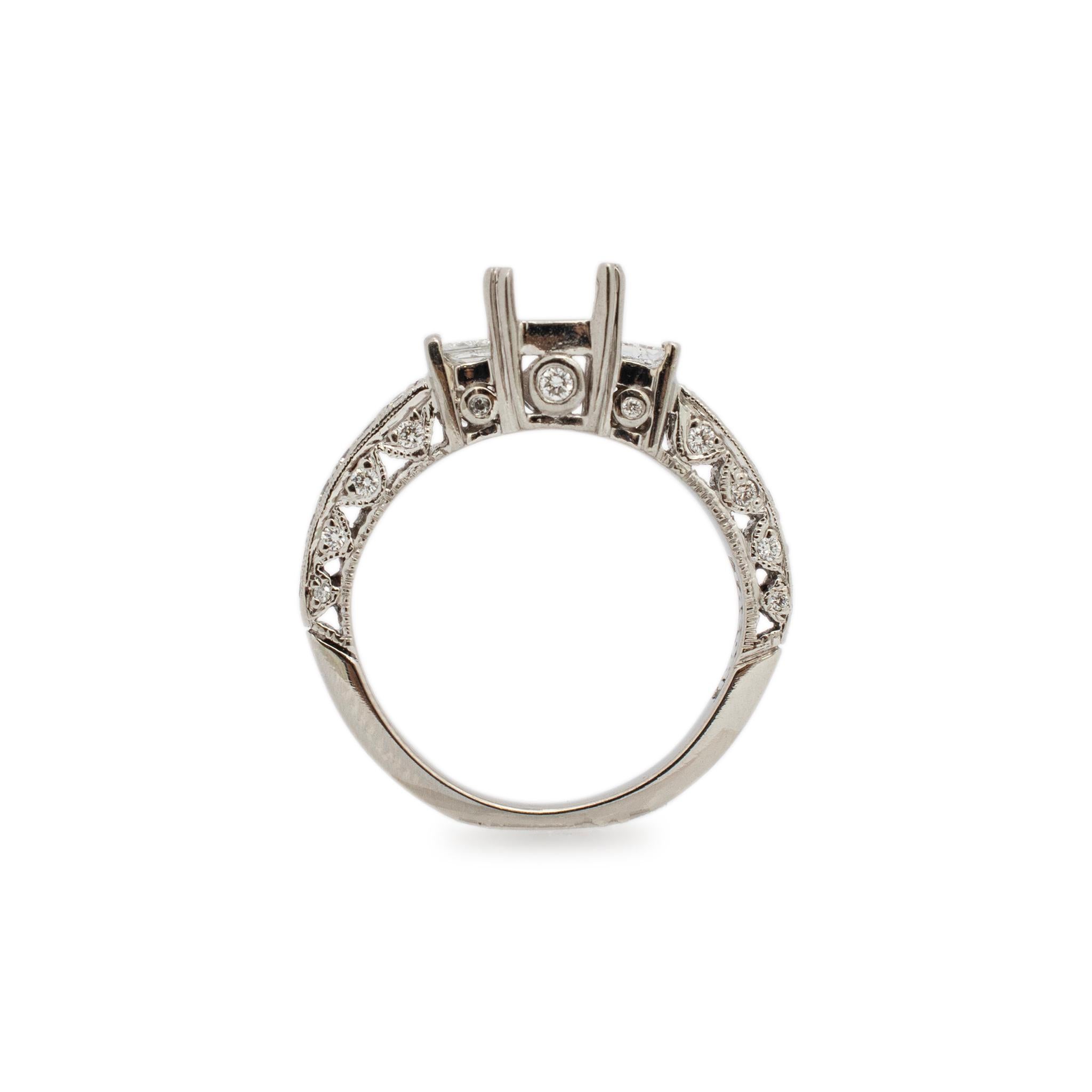 Tacori Ladies Platinum Squared Three Stone Diamond Semi Mount Engagement Ring For Sale 1