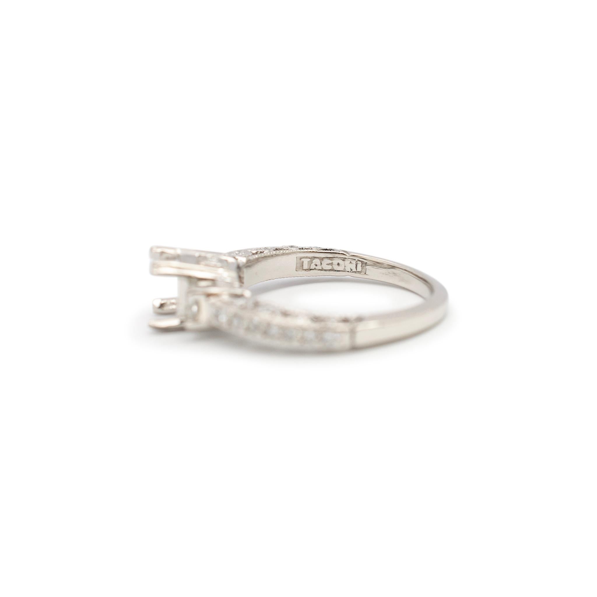 Tacori Ladies Platinum Squared Three Stone Diamond Semi Mount Engagement Ring For Sale 2