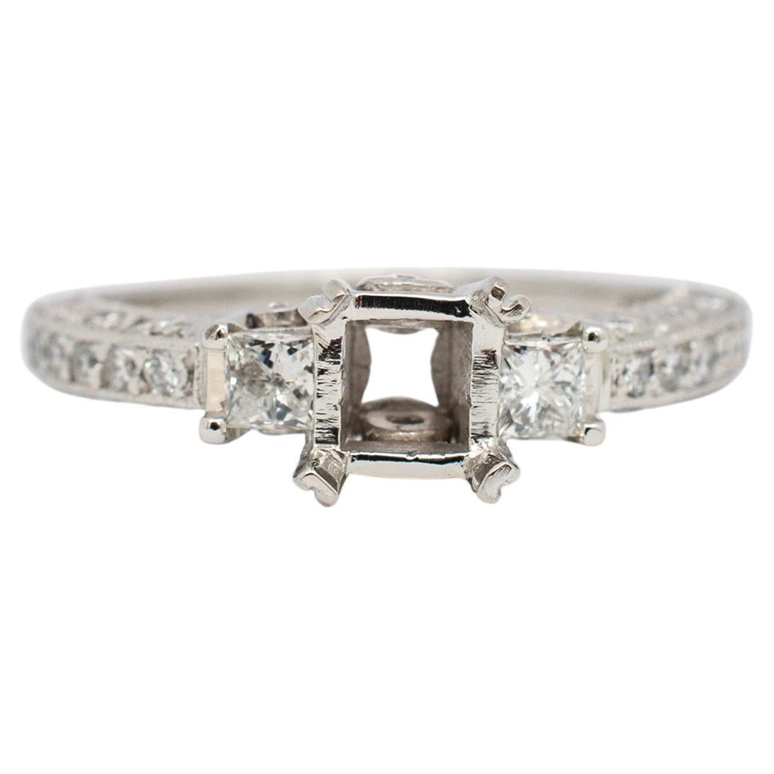 Tacori Ladies Platinum Squared Three Stone Diamond Semi Mount Engagement Ring For Sale