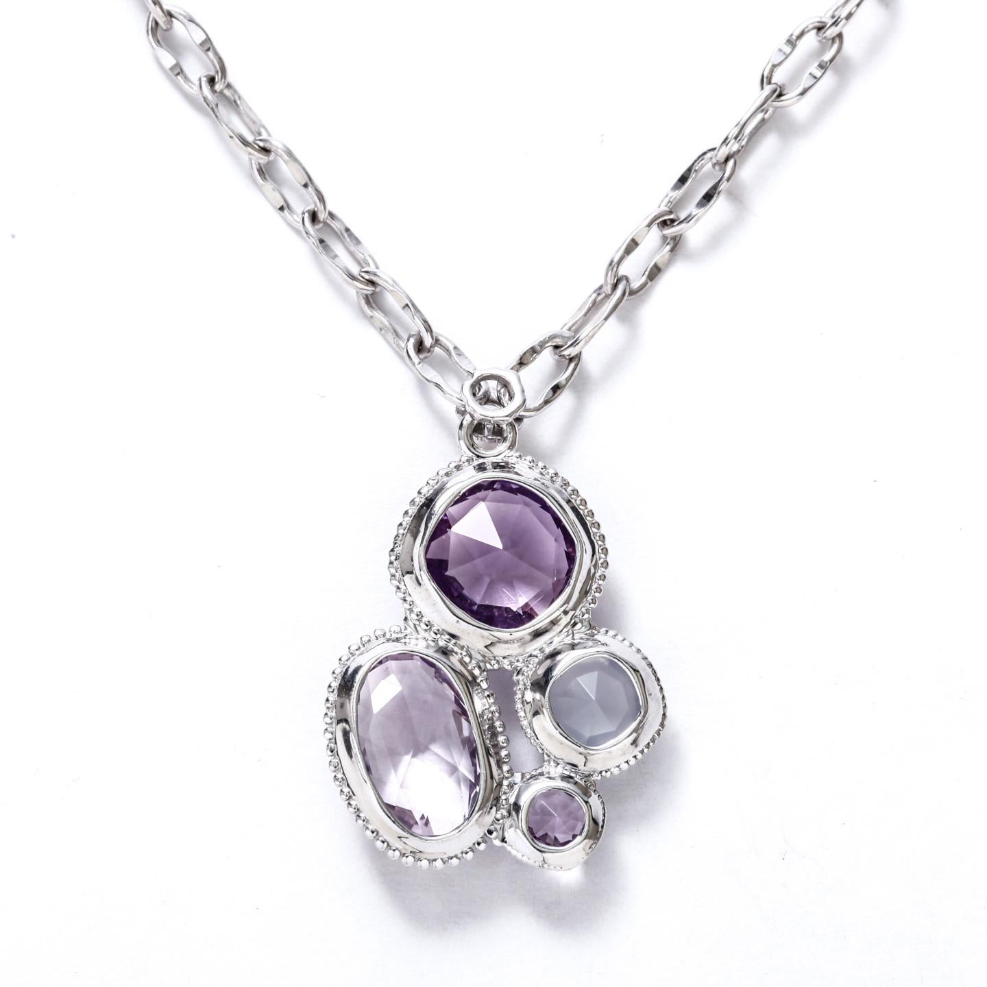Round Cut Tacori Necklace Sterling Silver Amethyst and Chalcedony Pendant 18 Karat Gold For Sale