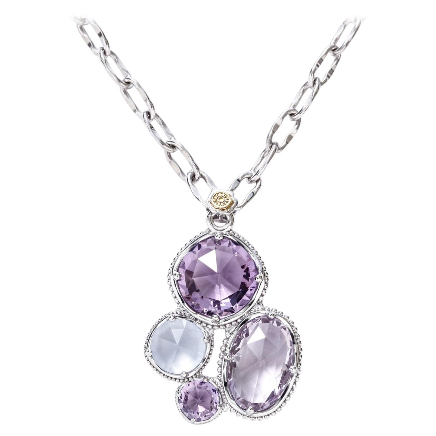 Tacori Necklace Sterling Silver Amethyst and Chalcedony Pendant 18 Karat Gold For Sale