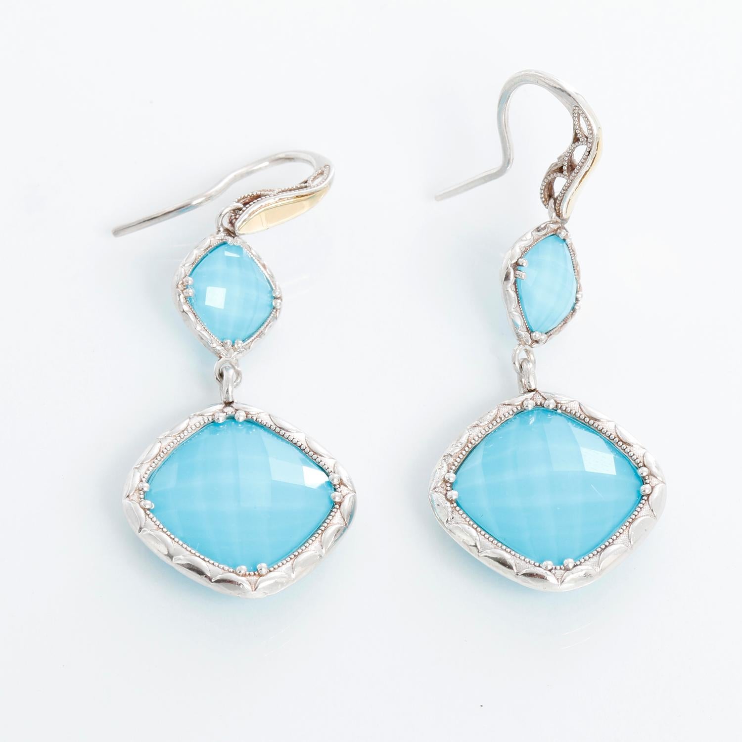 Tacori Neo-Turquoise Drop Earrings  - Silver with touches of 18kt yellow gold, faceted Clear Quartz is layered over Neolite Turquoise. Total length 2 inches. Beautiful for day or night!.