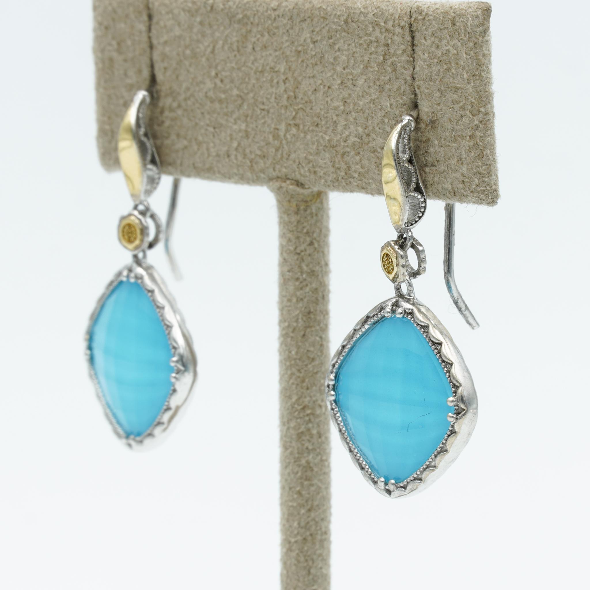 Take a dip into the beautiful blue seas of these single drop Clear Quartz over Neolite Turquoise diamond-shaped gemstone earrings encased in cool silver, hanging from an 18kt gold gem seal detailed French wire. Brand new. Handcrafted with