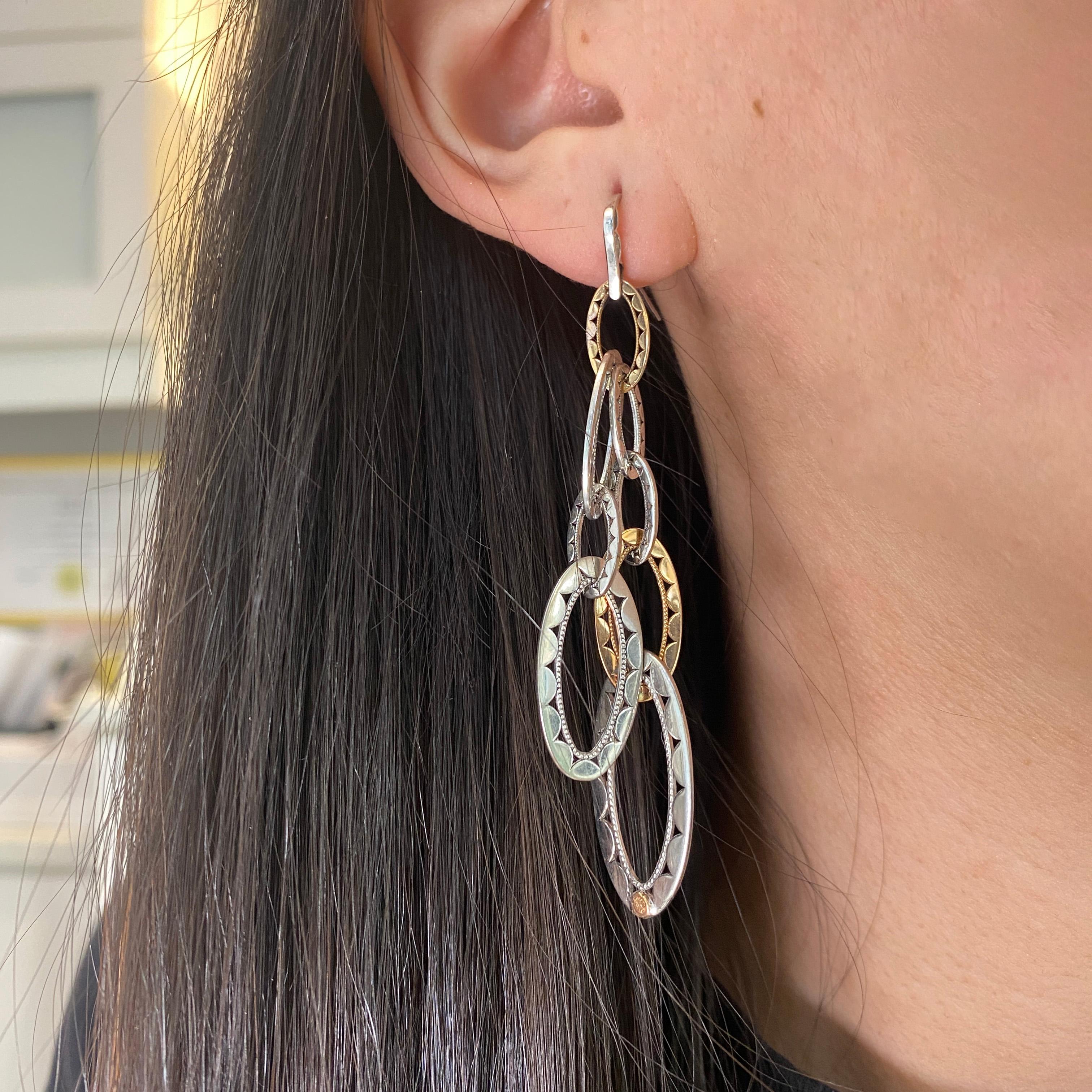 Iconic Tacori crescents accent the inner curves of every oval link in these lovely mixed metal dangles. The beaded edge inner line makes the crescents stand out even more! These mixed metal earrings are perfect for any dressed up or down occasion!