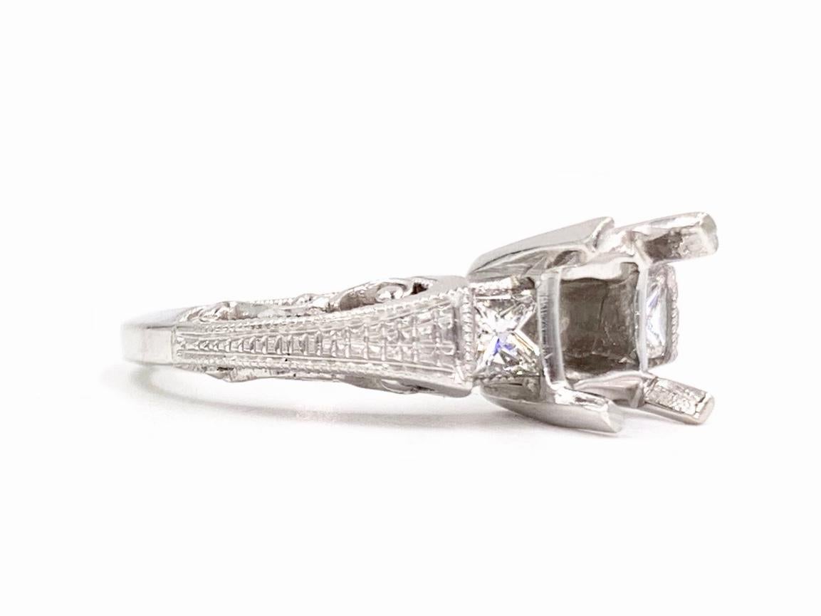 Princess Cut Tacori Platinum Carved Three-Stone Style Ring Setting For Sale