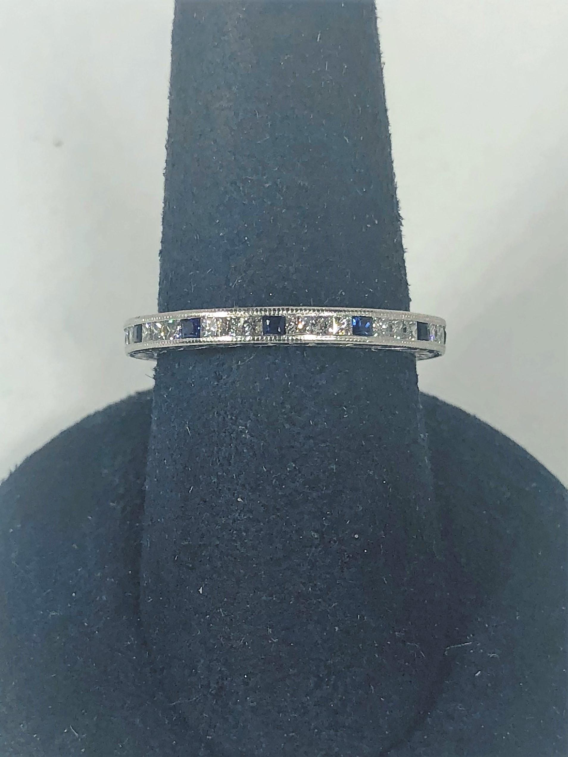 Art Deco Tacori Platinum Princess Cut Diamond and Sapphire Eternity Band For Sale