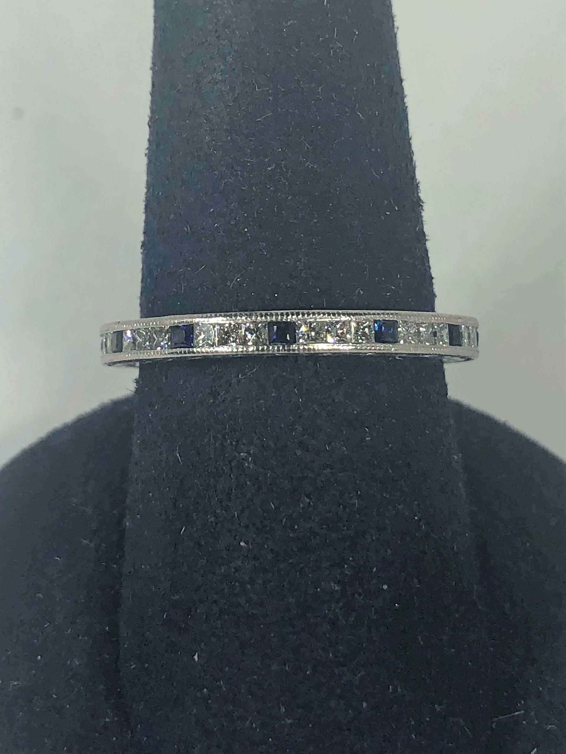 Tacori Platinum Princess Cut Diamond and Sapphire Eternity Band In Excellent Condition For Sale In Mansfield, OH
