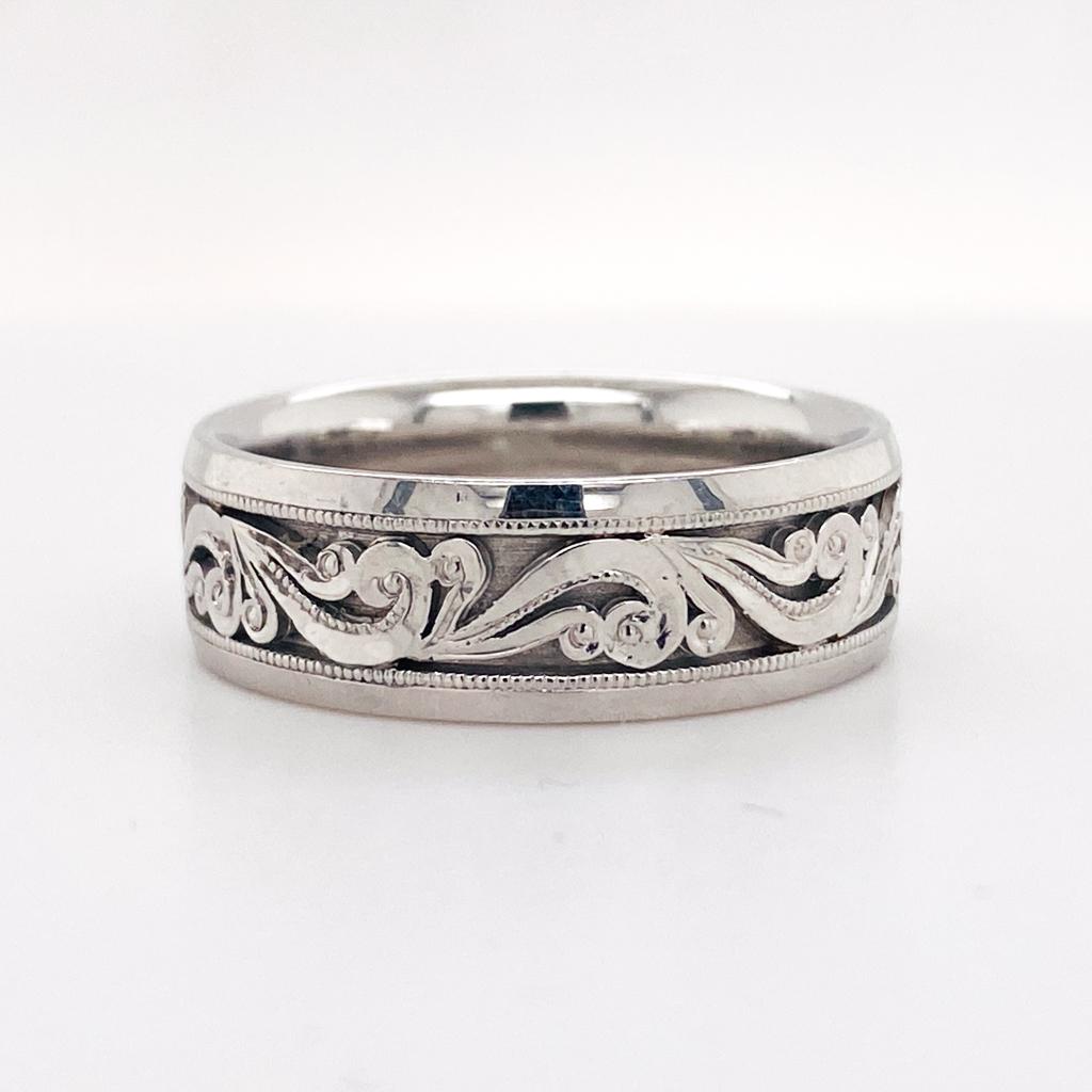 Tacori Platinum Scroll Band 7.5mm Tacori Scrollwork Mans Men's Wedding Ring Band In New Condition For Sale In Austin, TX