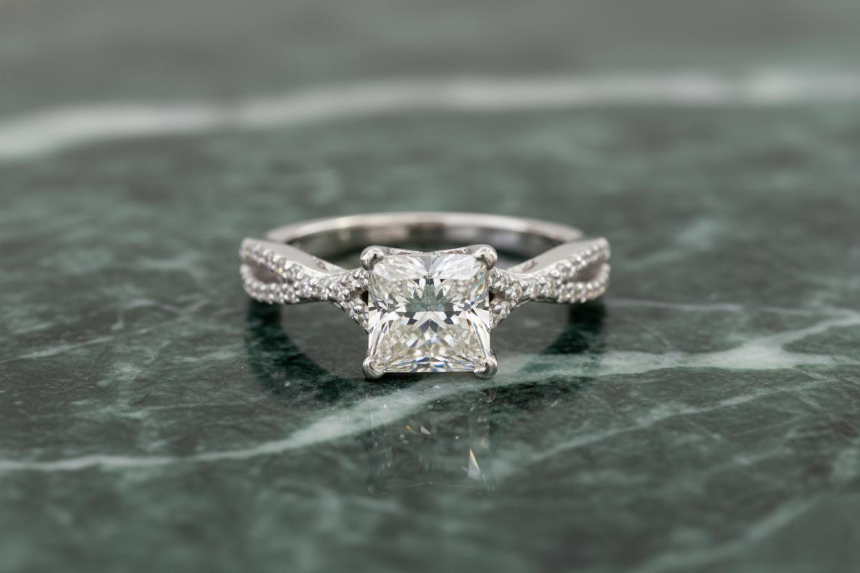 Elegante y atemporal, este auténtico anillo de compromiso Tacori exhibe un impresionante diamante natural talla princesa de 1,06 quilates, color I y claridad SI2. El diamante está bellamente proporcionado, con una talla Ideal Plus que realza su