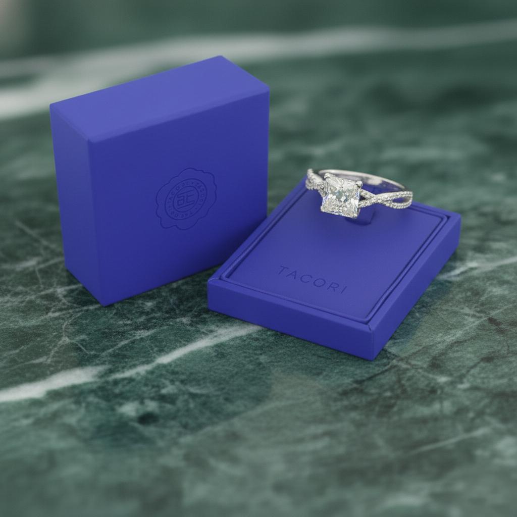 Tacori Anillo de compromiso de diamantes talla princesa en oro blanco de 18 quilates en Excelente estado para la venta en Chicago, IL