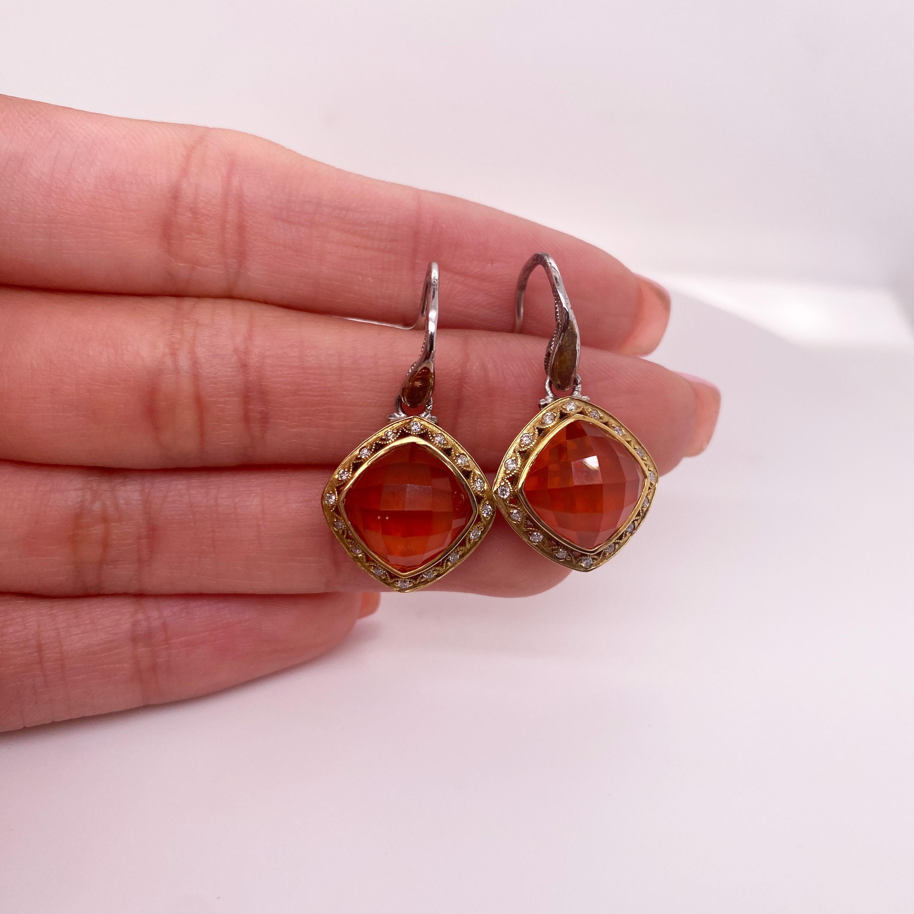 Iconic Tacori styling makes these mixed metal earrings perfect for any dressed up or down occasion! The stunning center is quartz over red onyx that seems to always glow like an ember from a fire. Gracefully textured crescents in 18 karat yellow