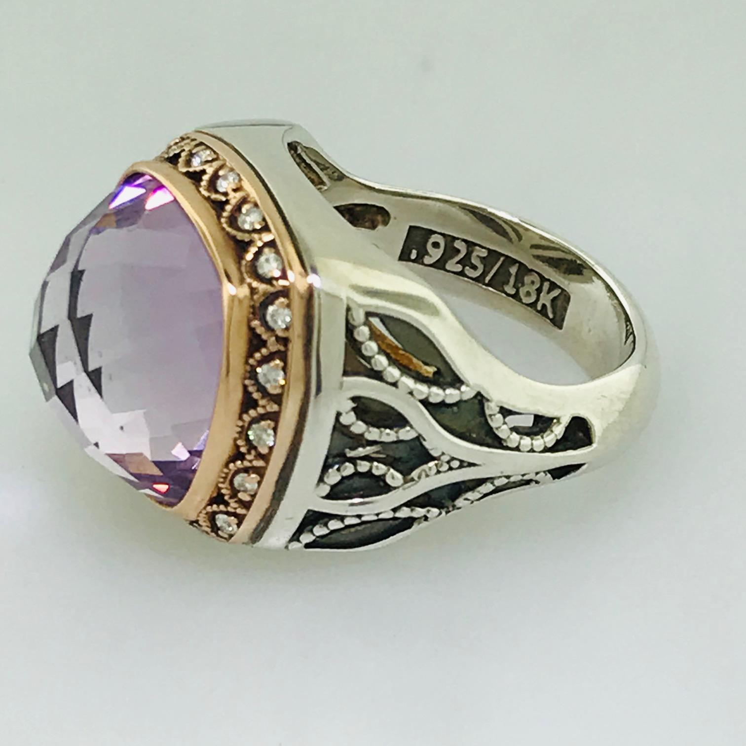 This Tacori Original has over 18 carat gemstone and has such a unique story. Set in 18 karat Rose Gold and sterling silver this ring has a bold combination that is very fitting and complimenting to the center stone. 
The center stone in this Tacori