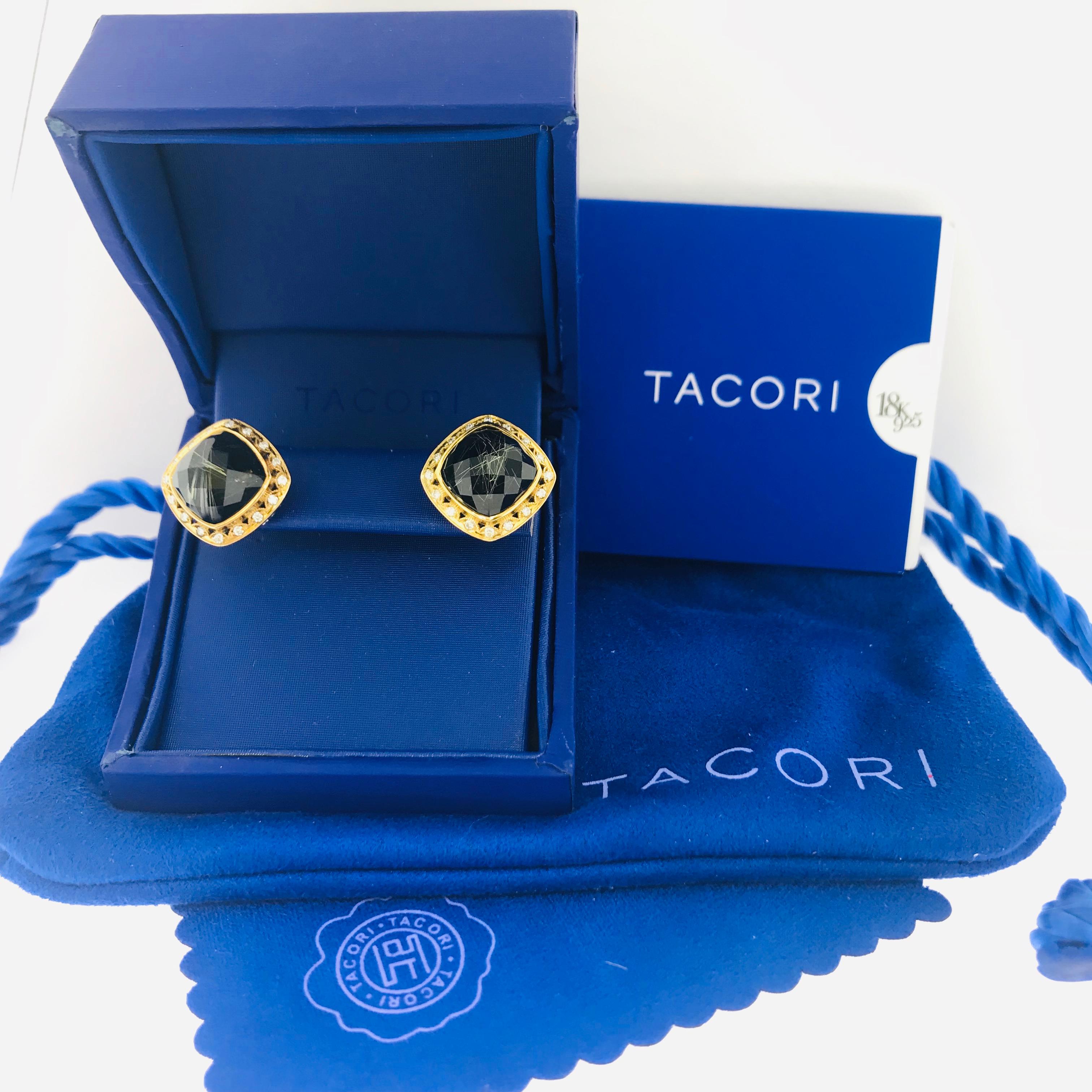 Artisan Tacori Rutilated Quartz and Diamond Earring Studs in Sterling and 18 Karat Gold