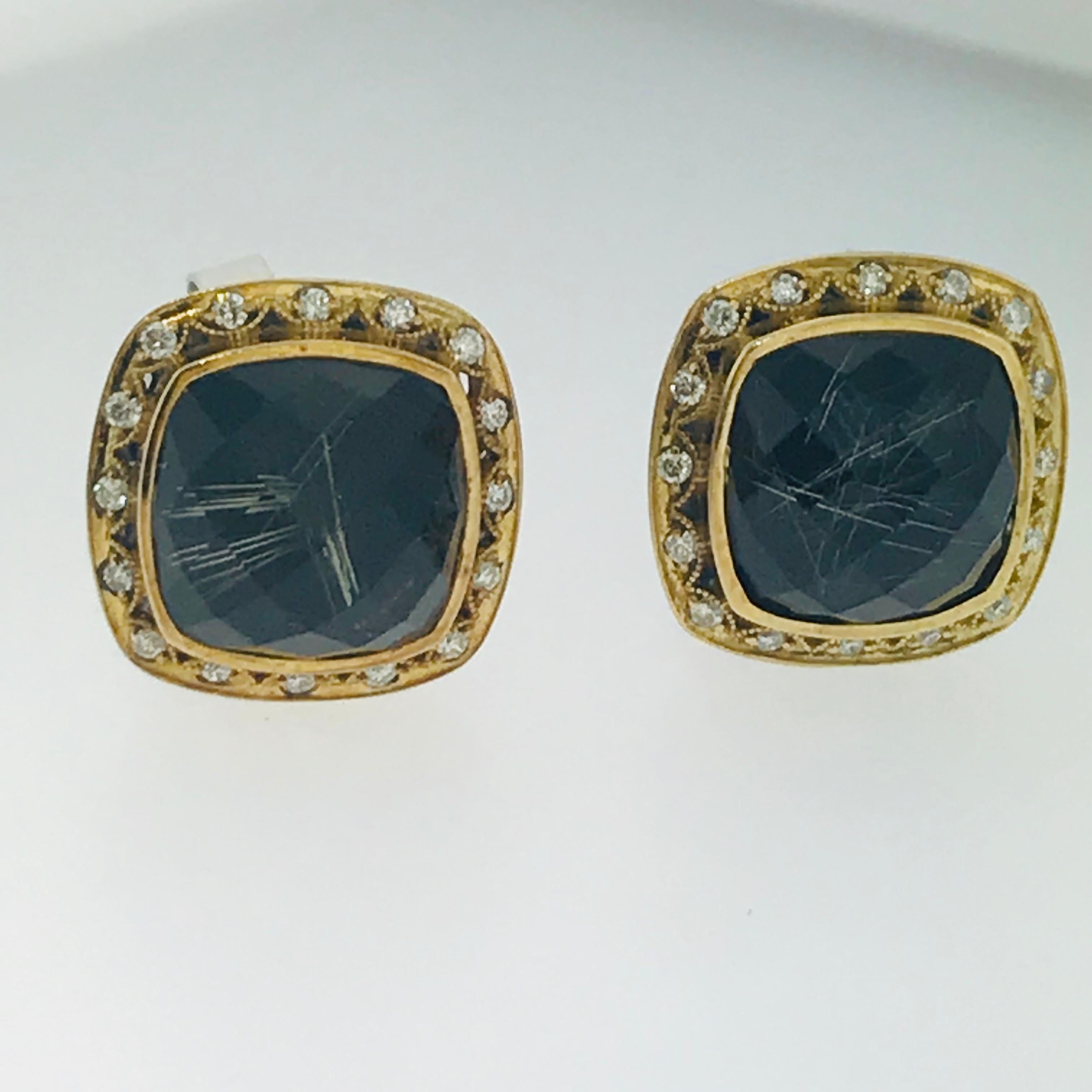 Tacori Rutilated Quartz and Diamond Earring Studs in Sterling and 18 Karat Gold In Excellent Condition In Austin, TX