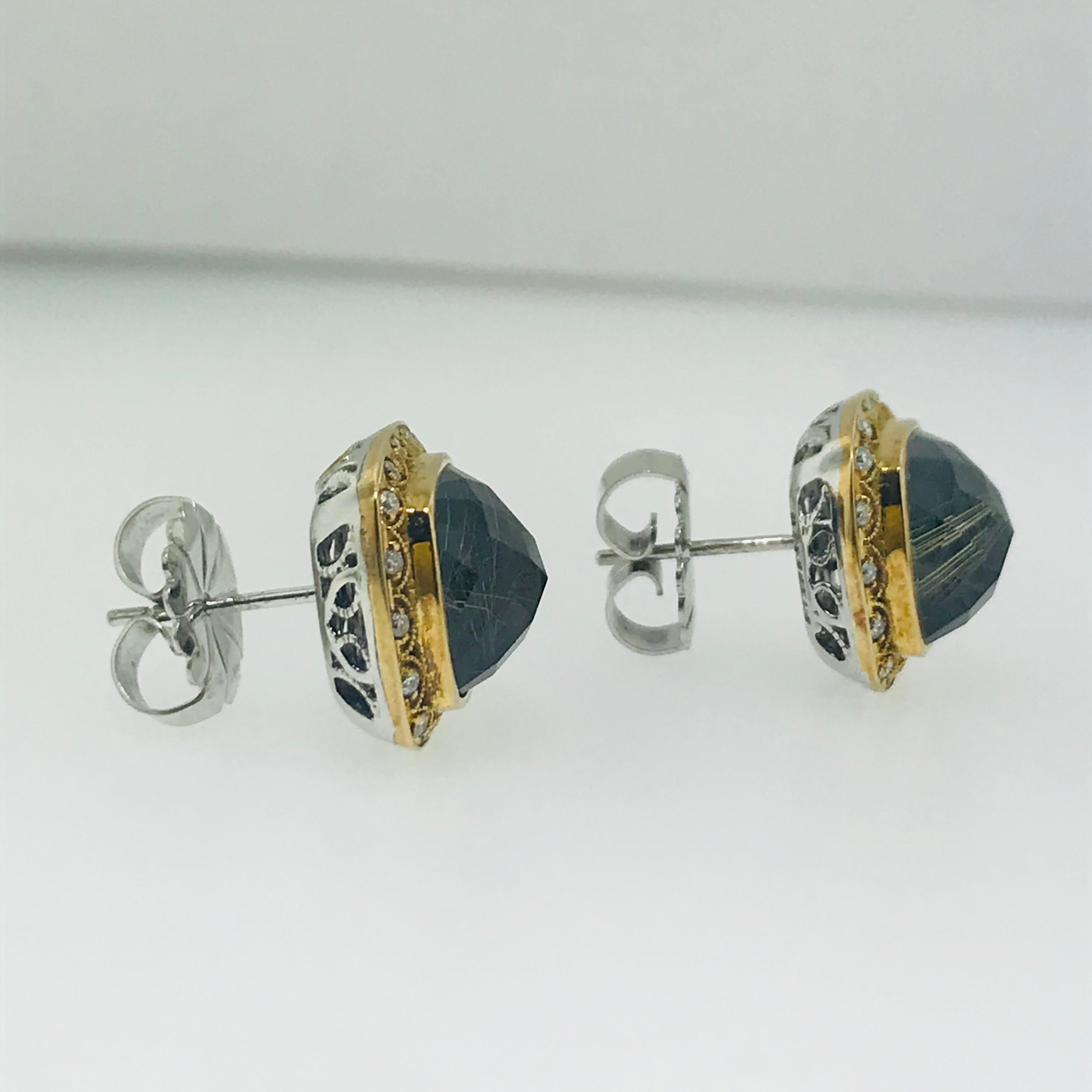 Women's Tacori Rutilated Quartz and Diamond Earring Studs in Sterling and 18 Karat Gold