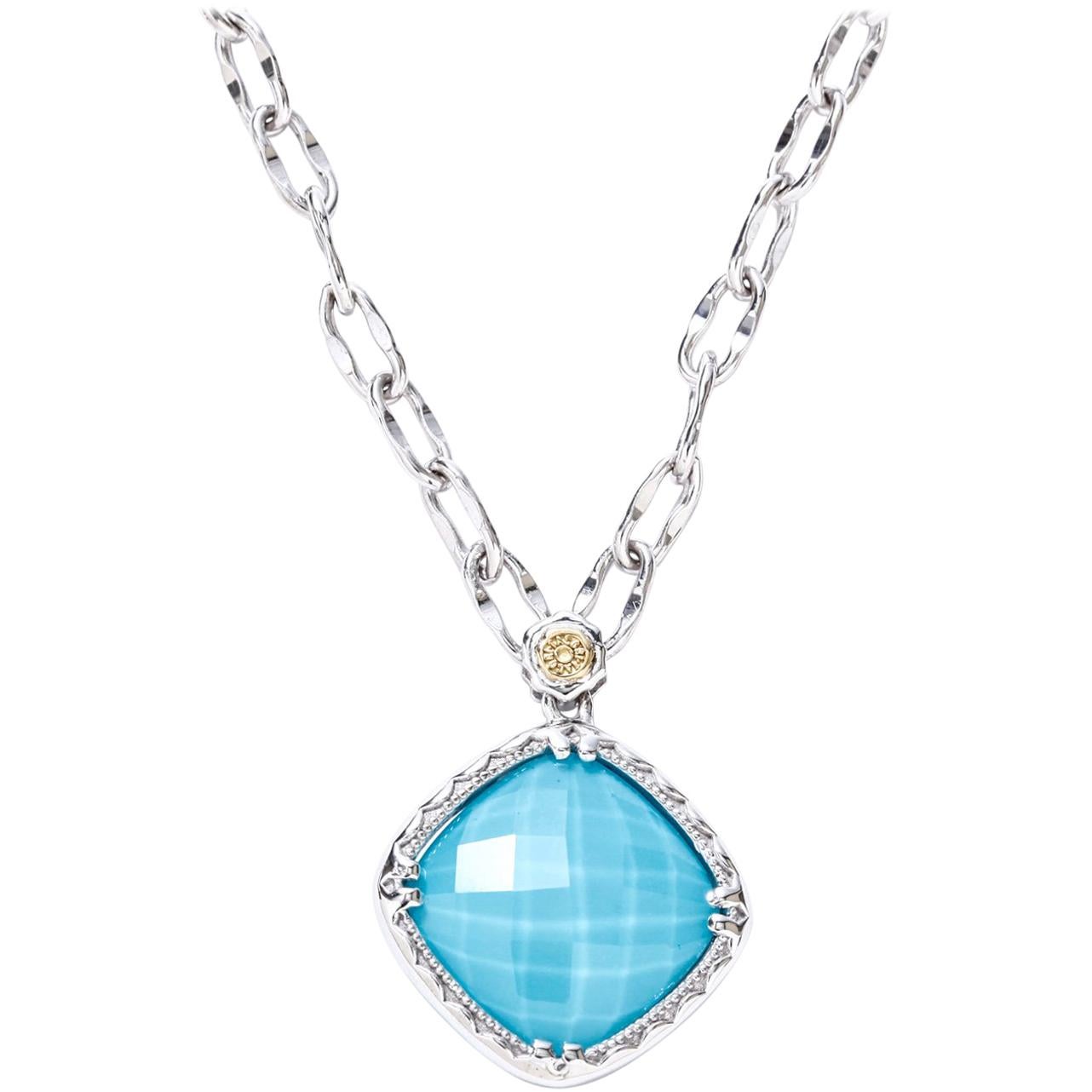 Tacori Silver Turquoise and Clear Quartz Pendant Necklace 18 Karat Gold SN13505 For Sale