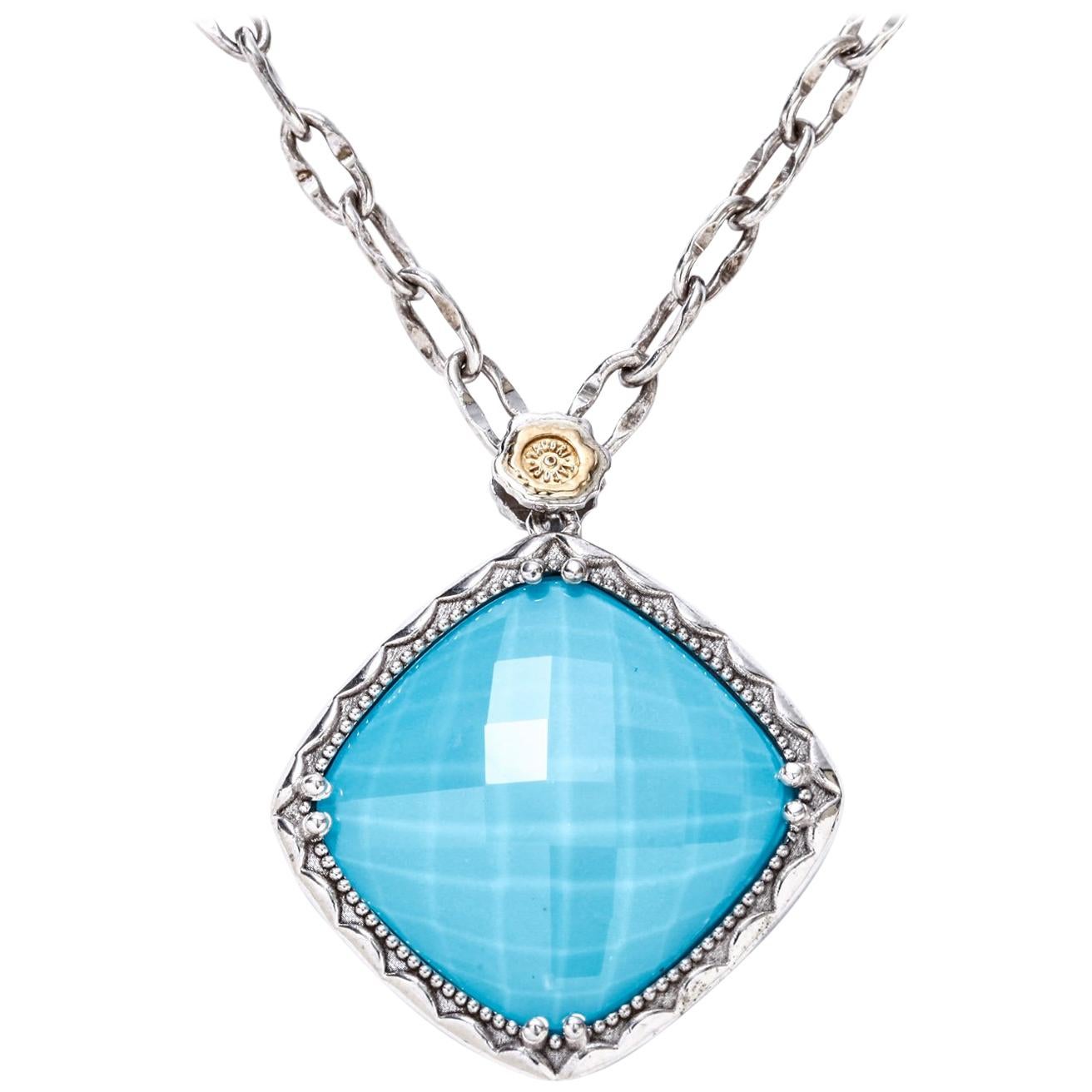 Tacori Silver Turquoise & Clear Quartz Pendant Necklace 18k Yellow Gold SN13305 For Sale