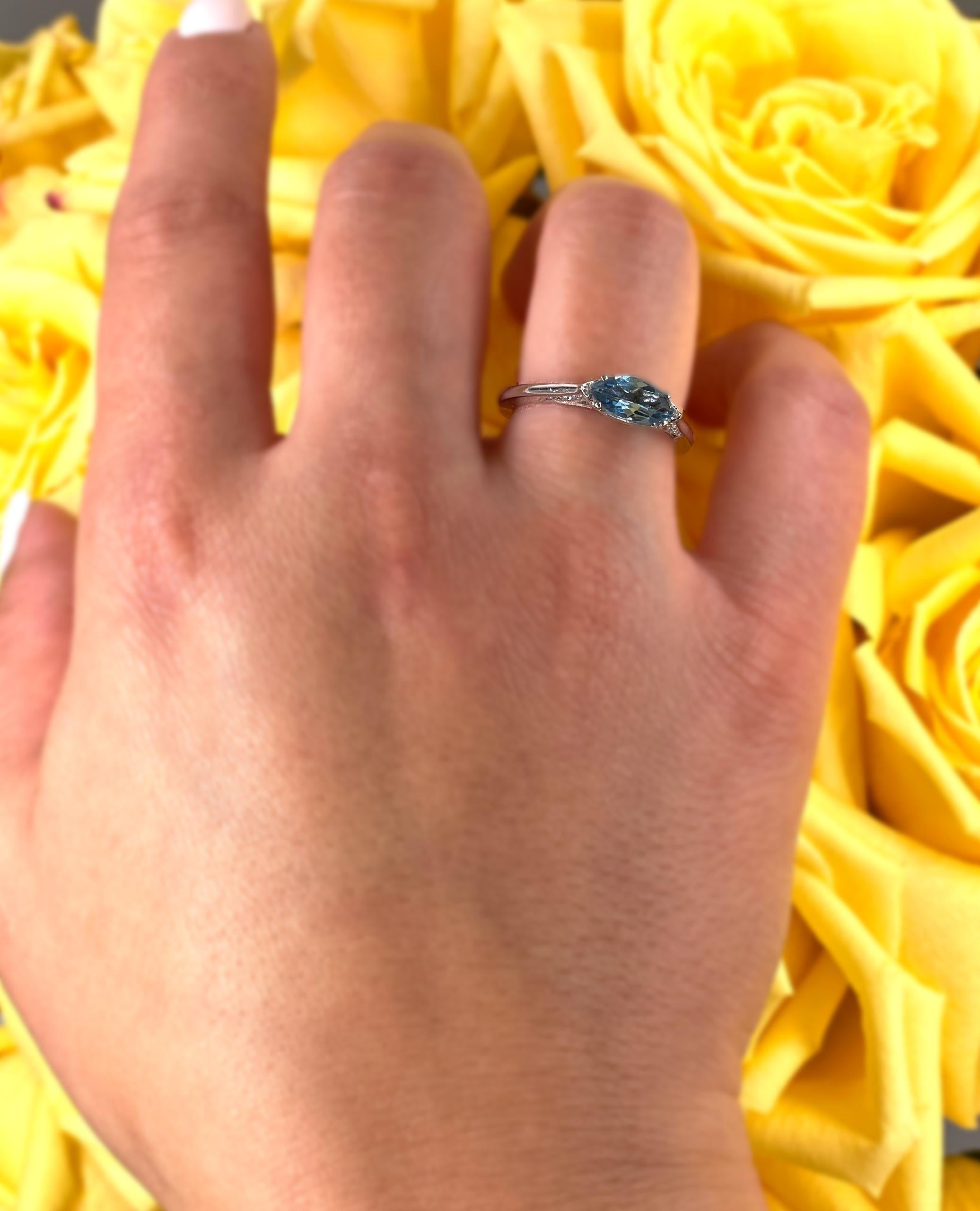Contemporary Simply Tacori East West Marquise Shaped Aquamarine Ring in 18K White Gold For Sale