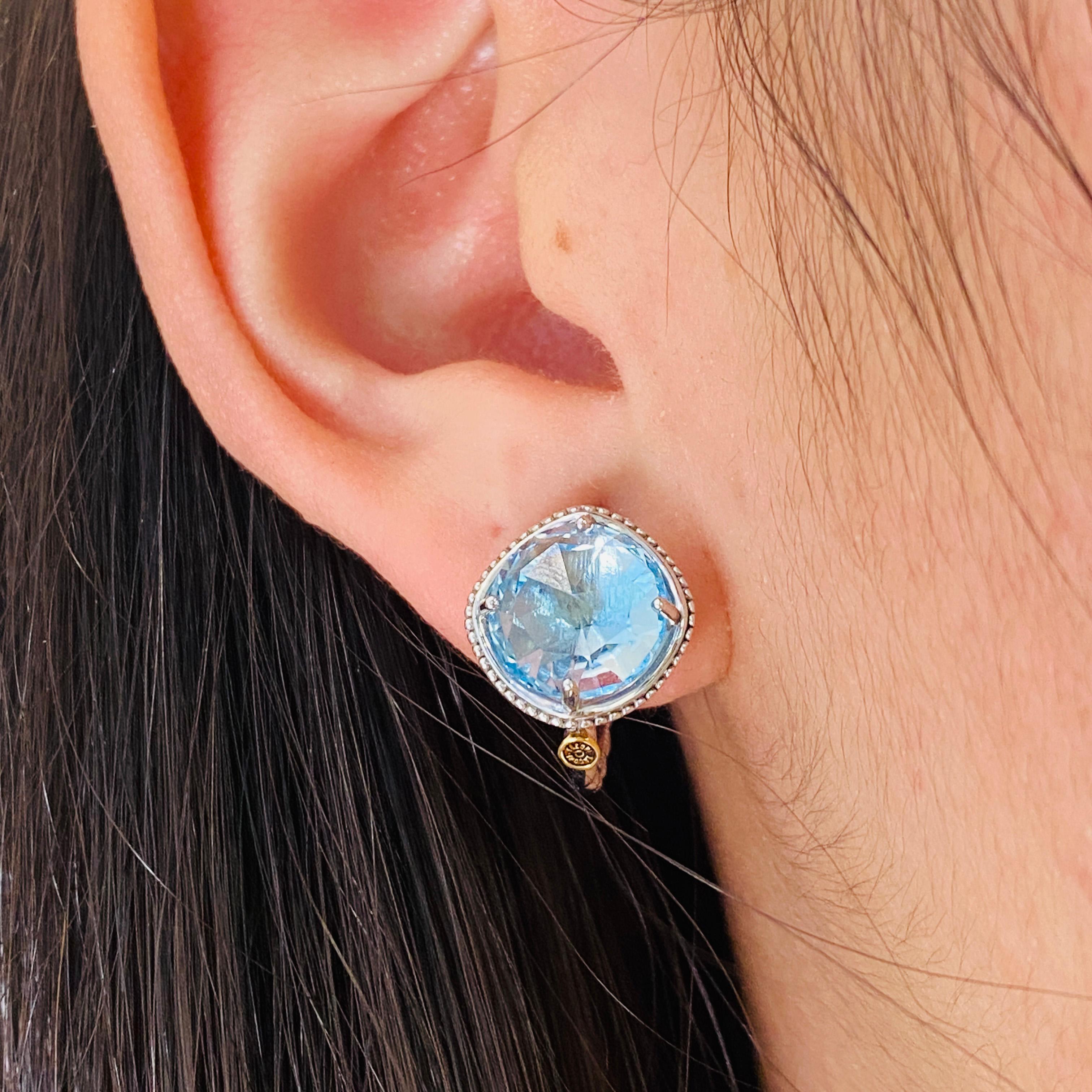 Tacori upholds their styling standards with these bright sky blue topaz hoop earrings! These are great for any dressed up or down occasion! The icy bright topaz is backed and framed by beautifully sweeping sterling silver with a detailed beaded edge