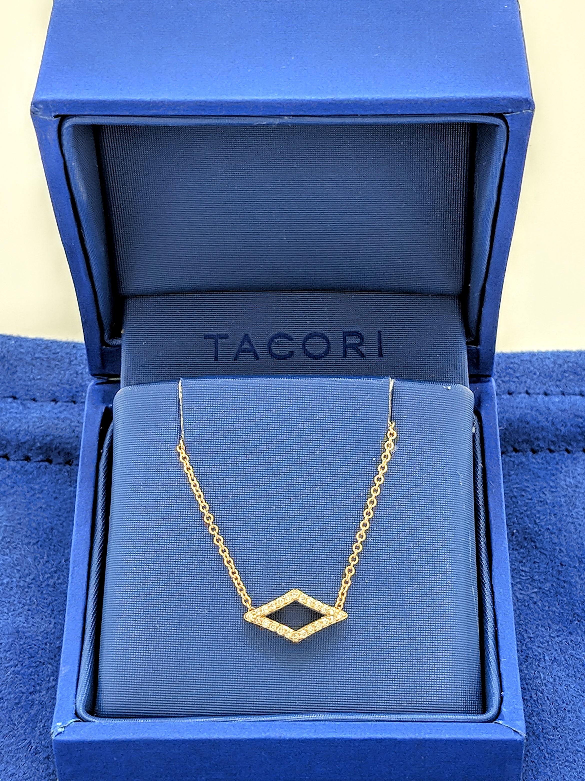 You are viewing a Beautiful Tacori Ivy Lane Pave Diamond Chevron Pendant Necklace.

The necklace is crafted from 18k yellow gold and weighs 2.9 grams. It features (24) natural round brilliant cut diamonds for an estimated .09tcw. The diamonds range
