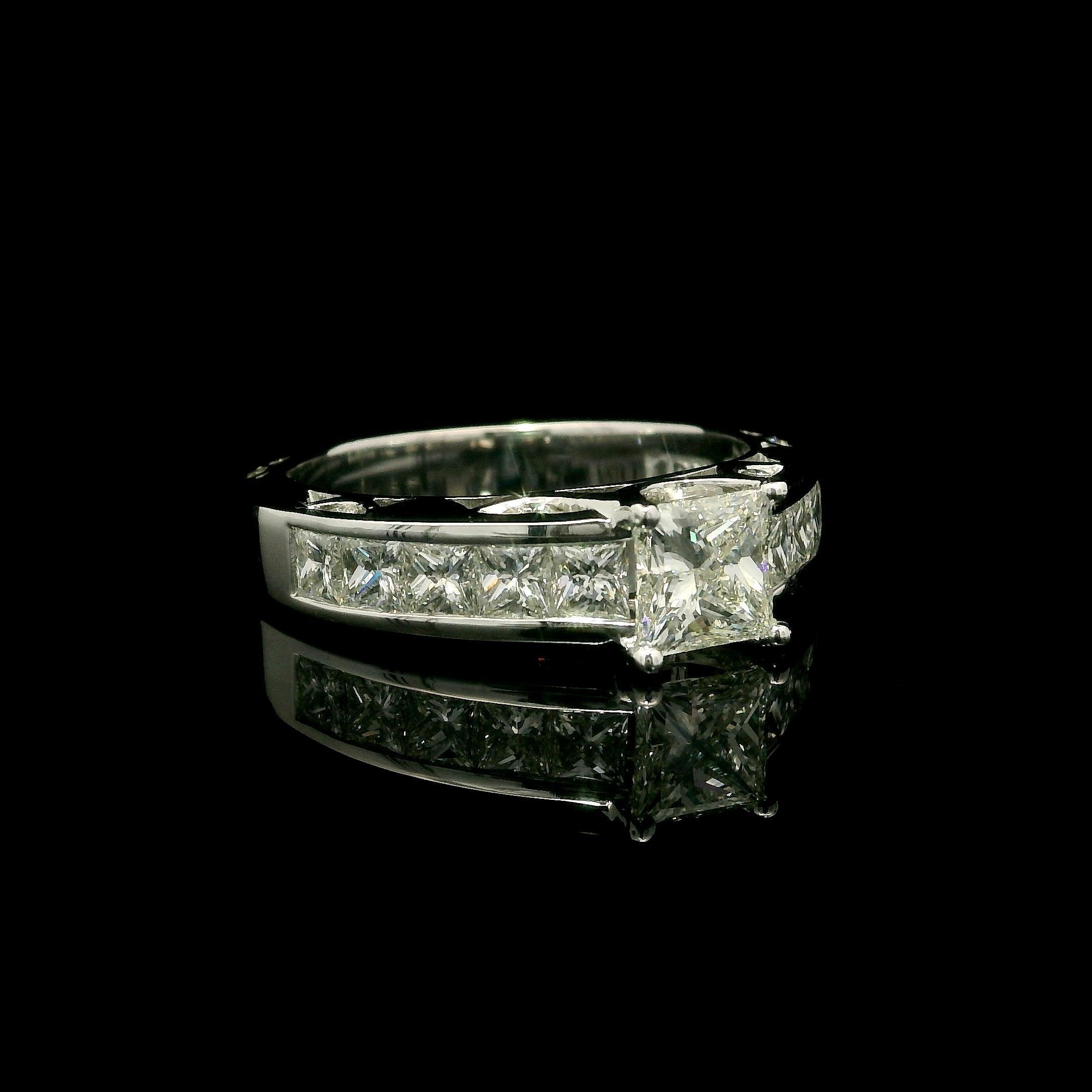 --Stone(s):--
(1) Natural Genuine Diamond - Princess Square Cut - Prong Set- I Color - VS2 Clarity - 1.05ct (exact - certified)
** See Certification Details Below for Complete Info **
(10) Natural Genuine Diamonds- Princess Cut - Channel Set -