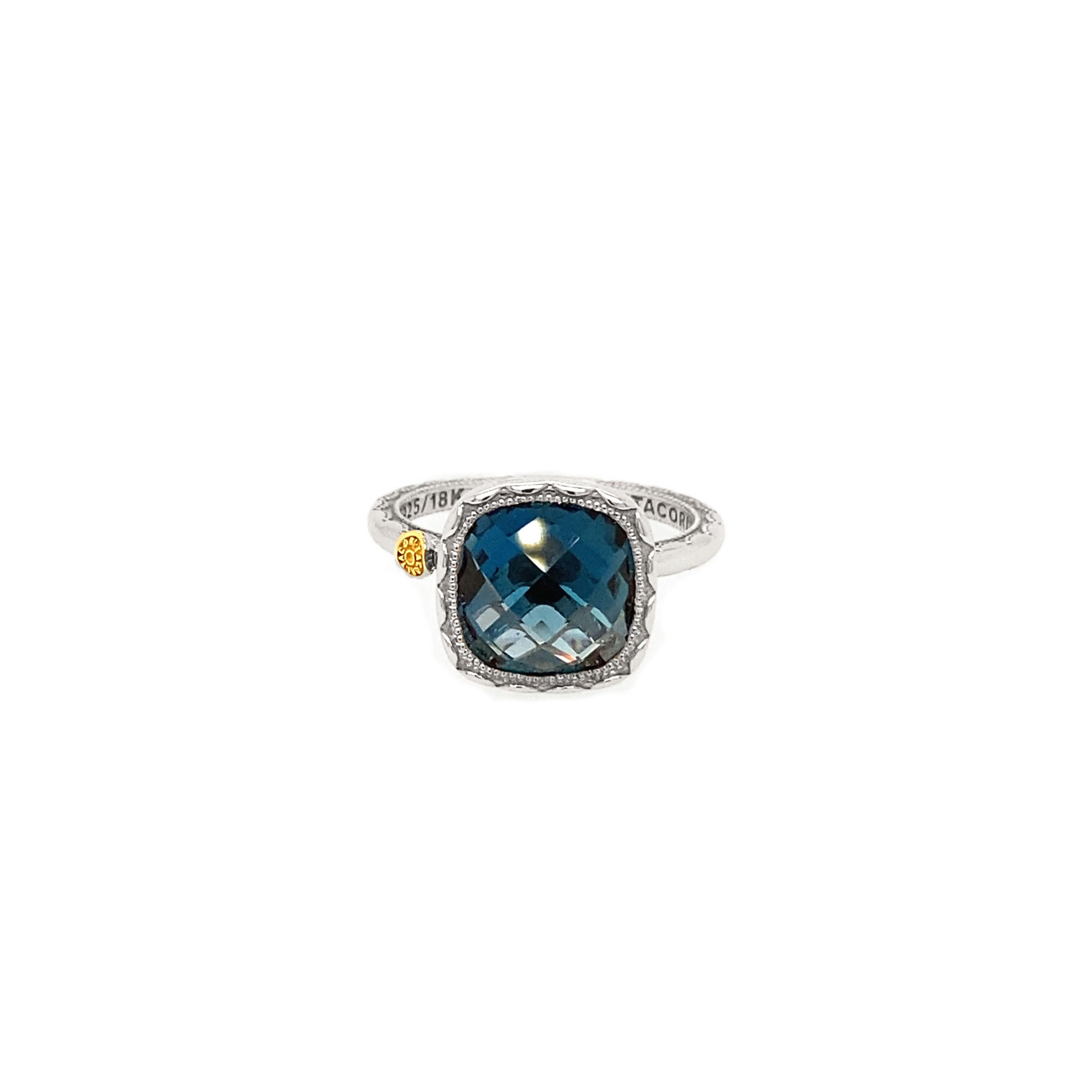 Sterling silver Crescent Embrace Cushion Gem ring with 10mm London Blue Topaz. 18 karat yellow gold Tacori seal accent.