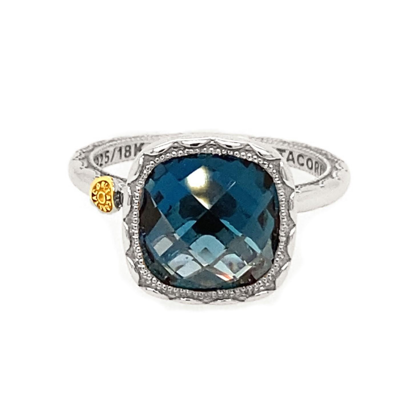 Tacori Sterling Silver Cushion Gem Ring with London Blue Topaz For Sale