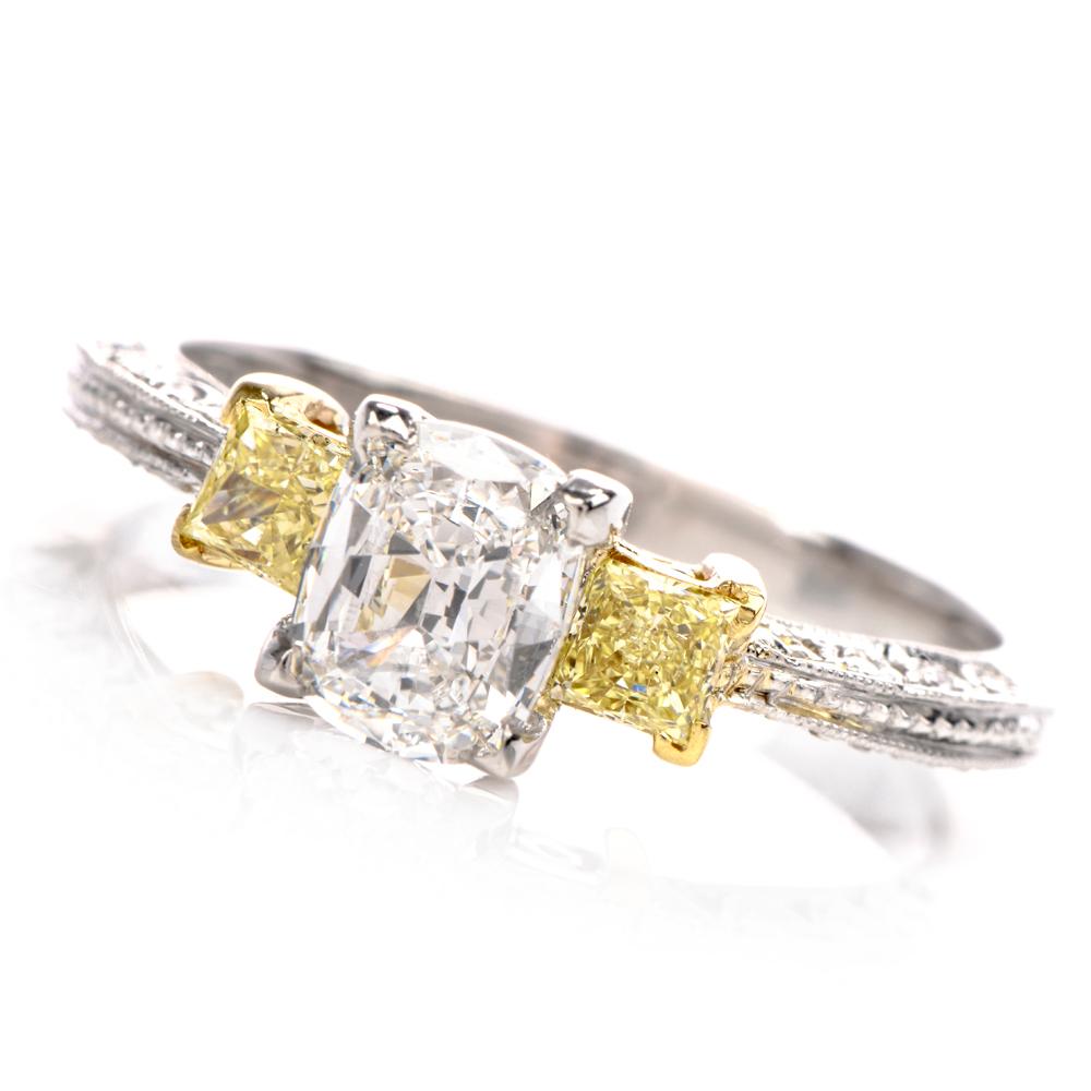 This feminine shimmering diamond ring is crafted in a combination of 18-karat yellow gold and platinum, weighing 5.4 grams and measuring 7mm x 7mm high. Centered with one prong set GIA lab reported cushion brilliant diamond, weighing 0.71 carats,