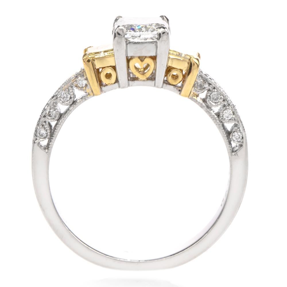 Cushion Cut Tacori Three-Stone GIA Yellow Diamond Heart Platinum 18 Karat Engagement Ring
