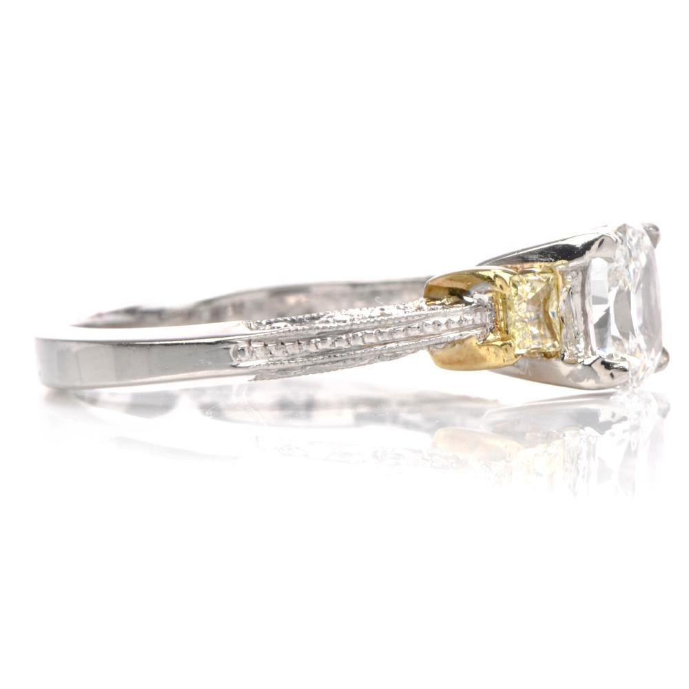 Tacori Three-Stone GIA Yellow Diamond Heart Platinum 18 Karat Engagement Ring In Excellent Condition In Miami, FL