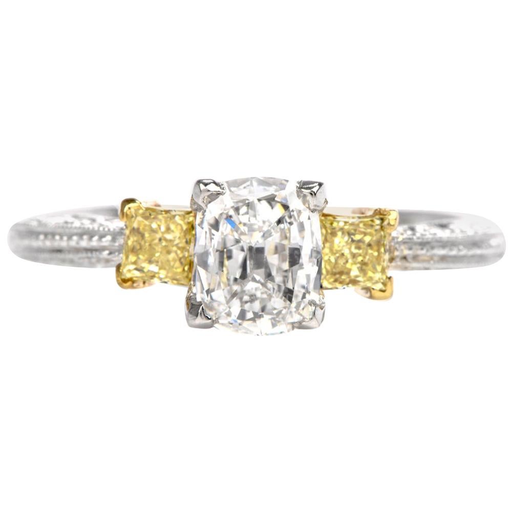 Tacori Three-Stone GIA Yellow Diamond Heart Platinum 18 Karat Engagement Ring