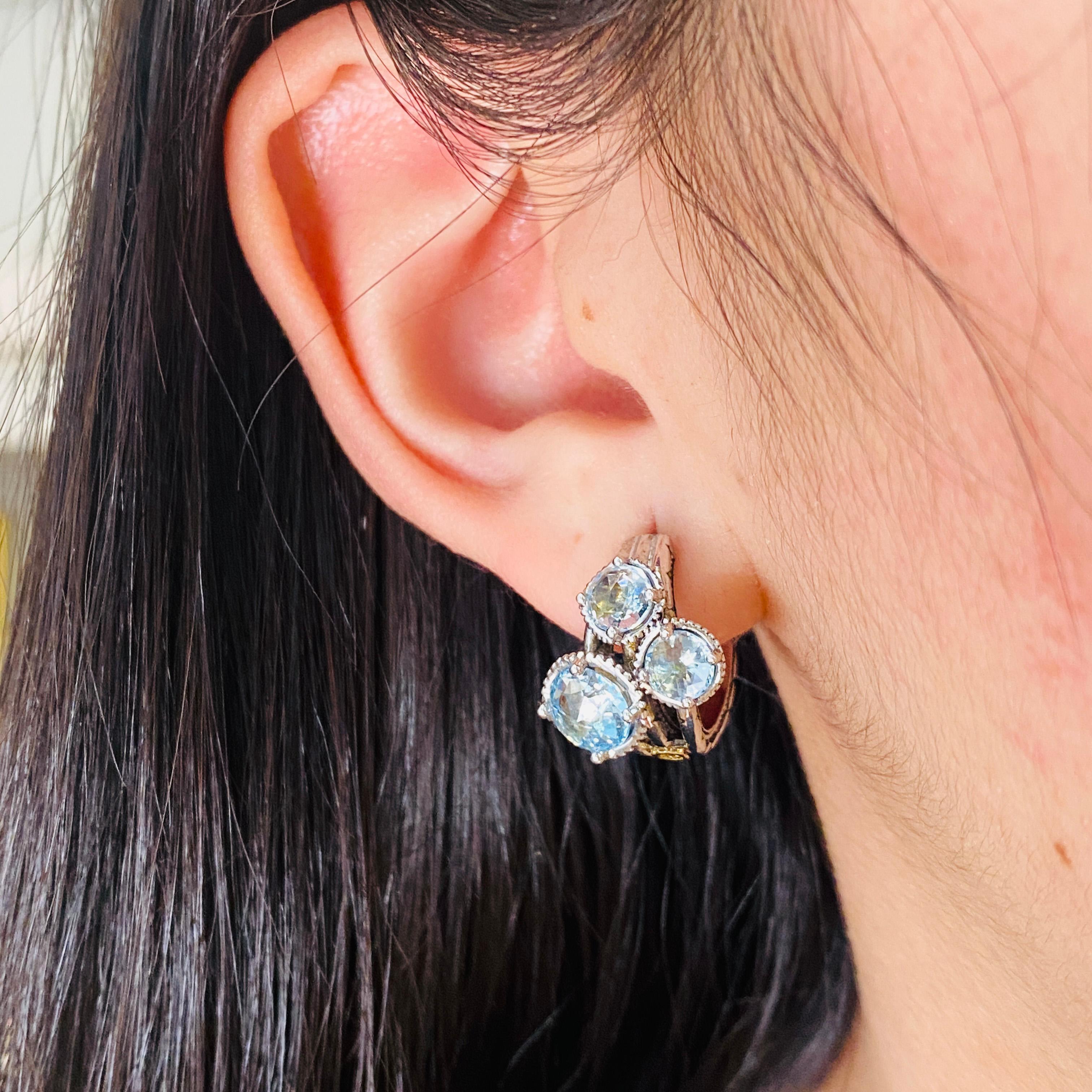 Tacori upholds their styling standards with these bright triple sky blue topaz hoop earrings! These are great for any dressed up or down occasion! The triple hoops flare apart to support the trio of topaz frames then gracefully taper back into a