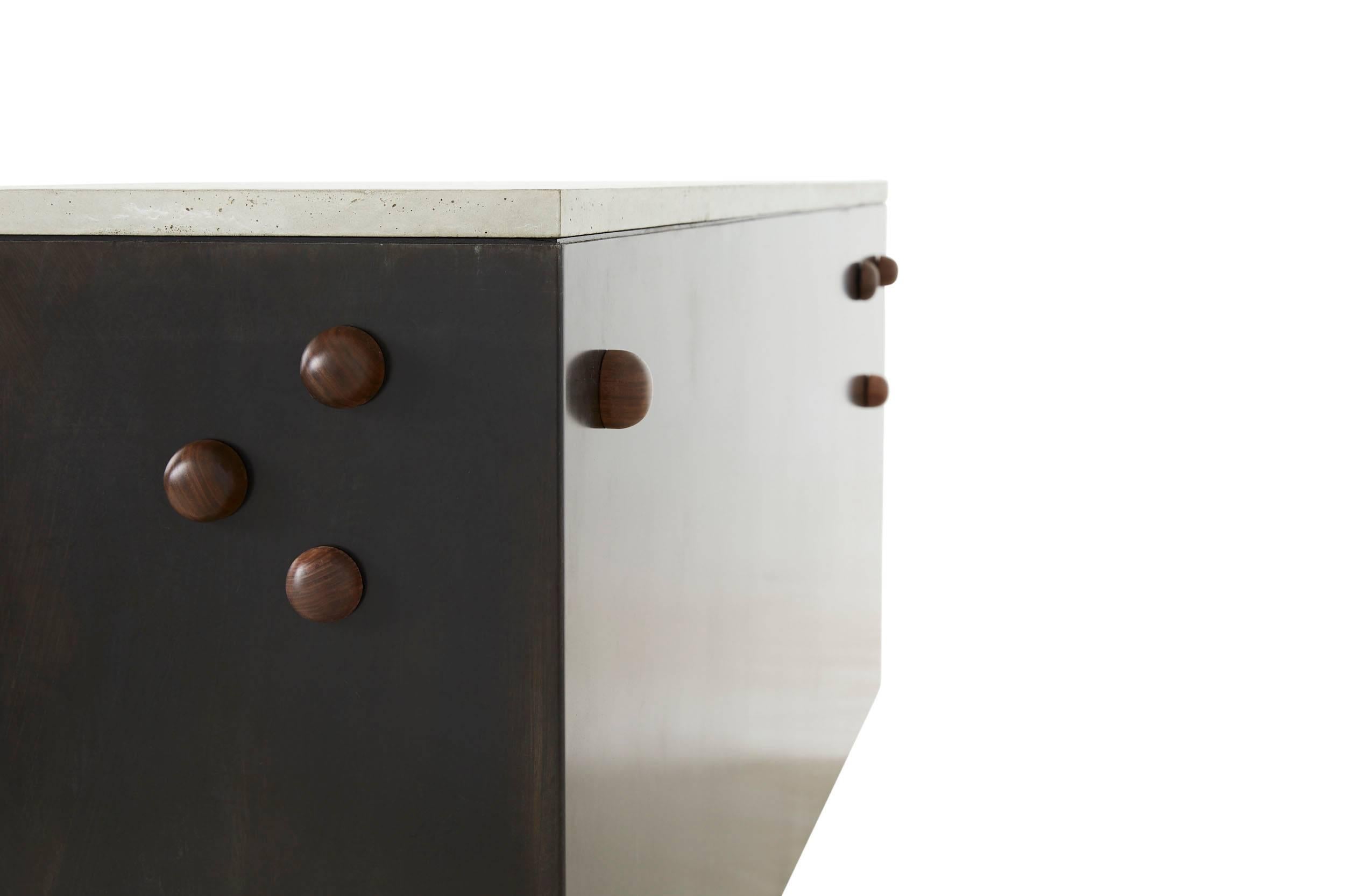 Walnut, Blackened Steel, Cast Concrete 