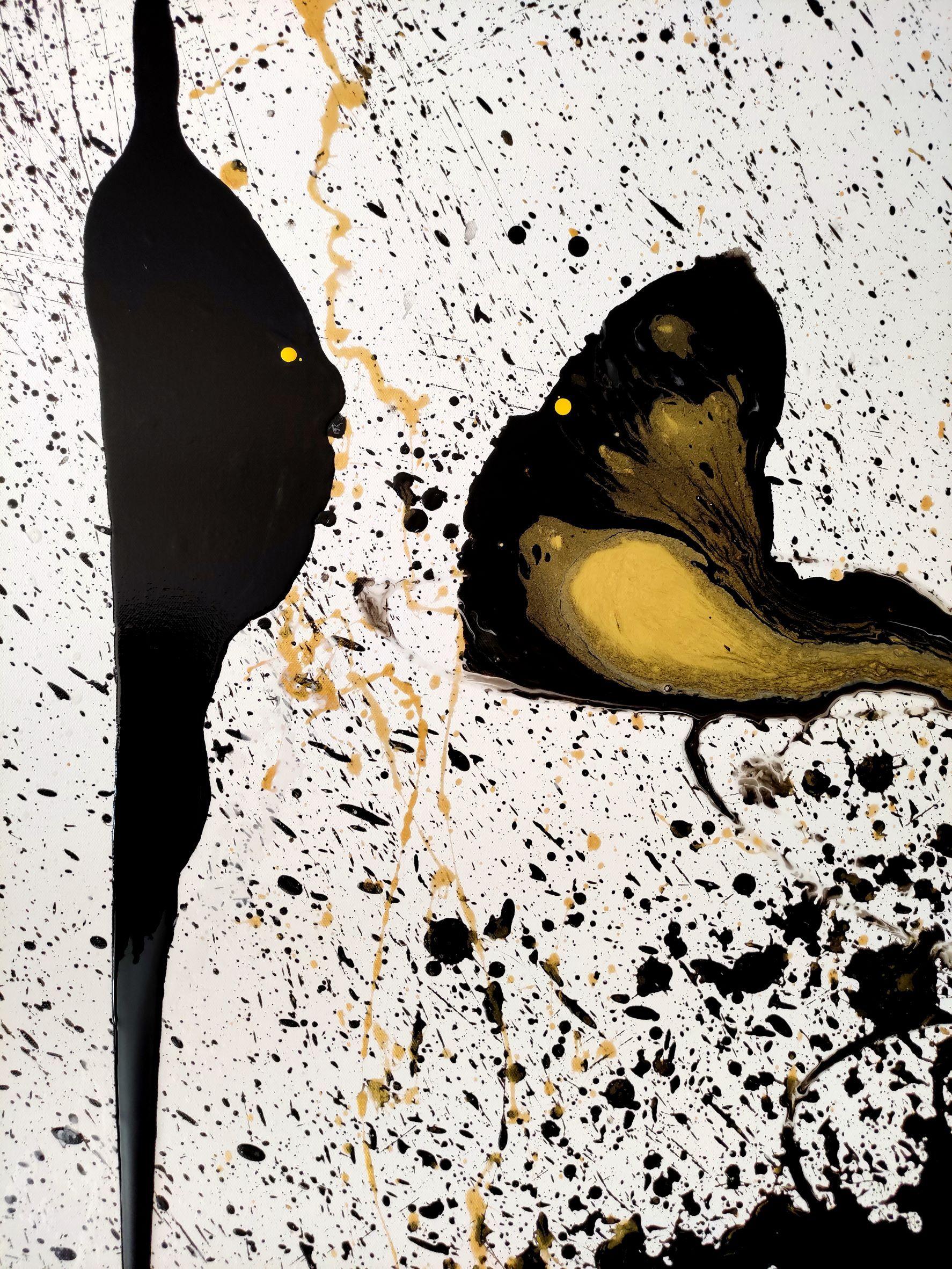 Abstract painting on canvas reflects the dialogue of two in-love souls. Black and gold colors develop the narrative through color transition and mixing. The story begins when the tense silence of the meeting eyes is interrupted by a sudden burst of