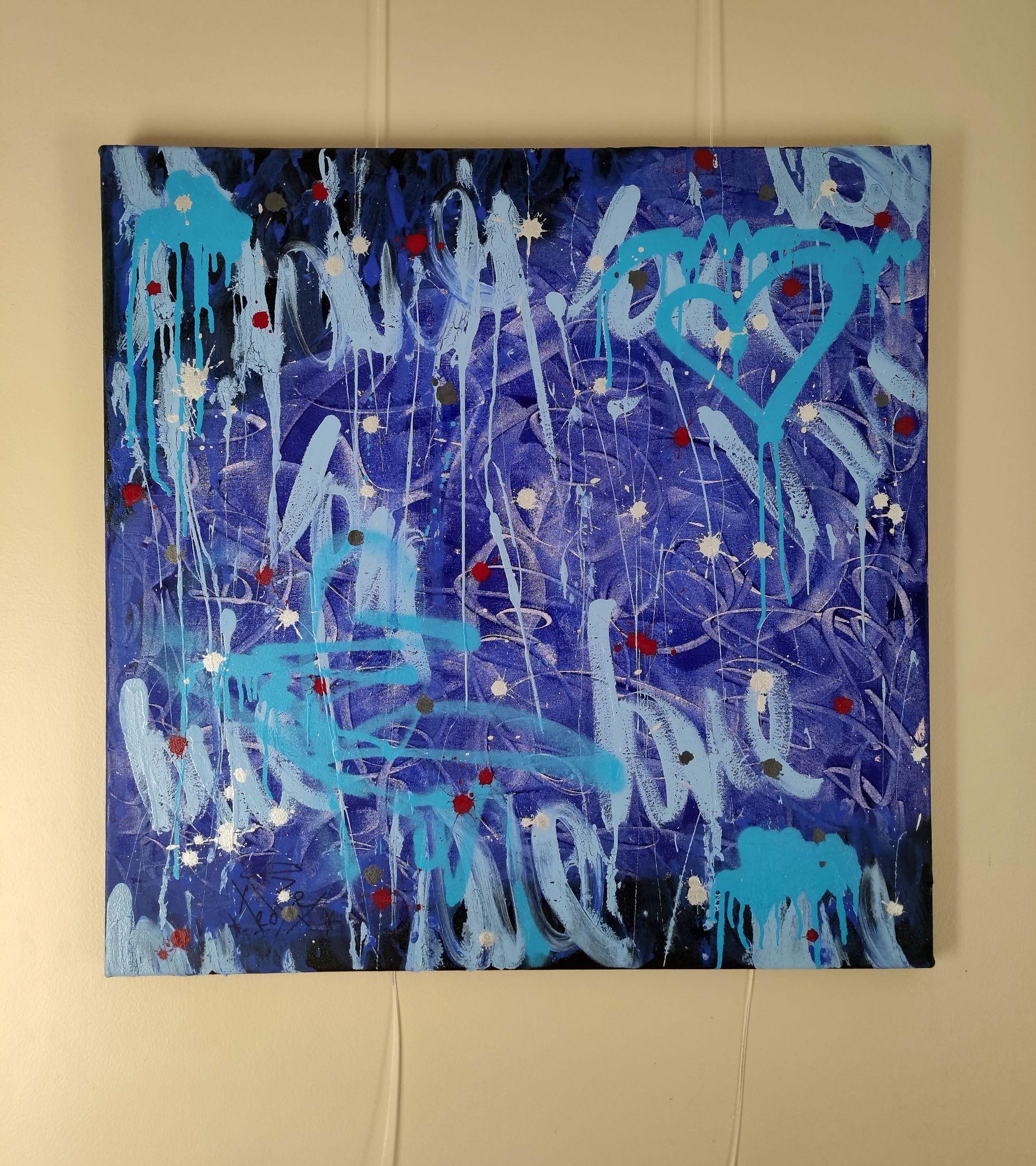 Deep blue abstract on unprimed 12 OZ. heavyweight 100% cotton canvas. Used acrylic, spray paints, ink, and enamel. Street art urban abstract style. Stars in the blue night, love and passion! :: Painting :: Abstract :: This piece comes with an