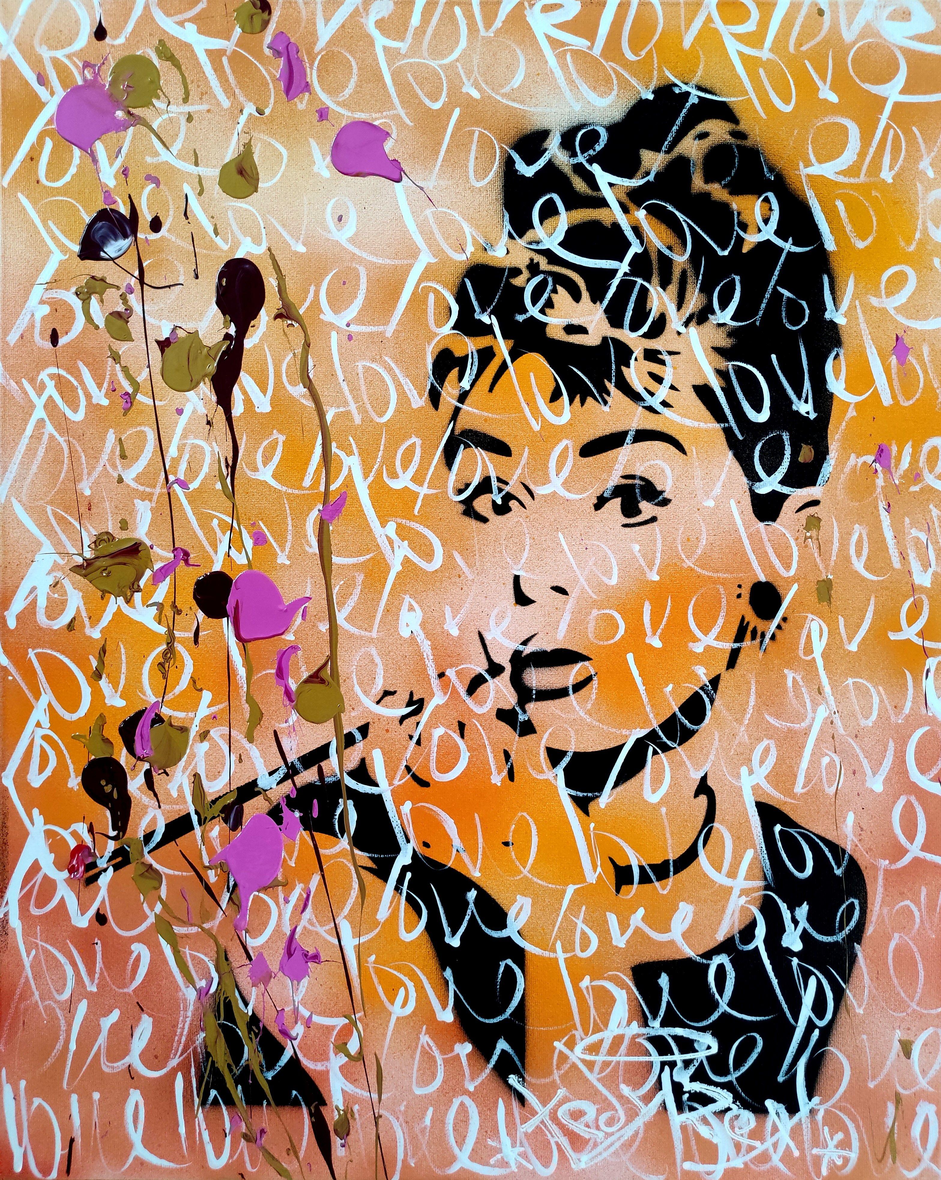 Preghiera Uno_ pagina Audrey Hepburn, Pittura, Acrilico su tela - Painting di Tadas Zaicikas