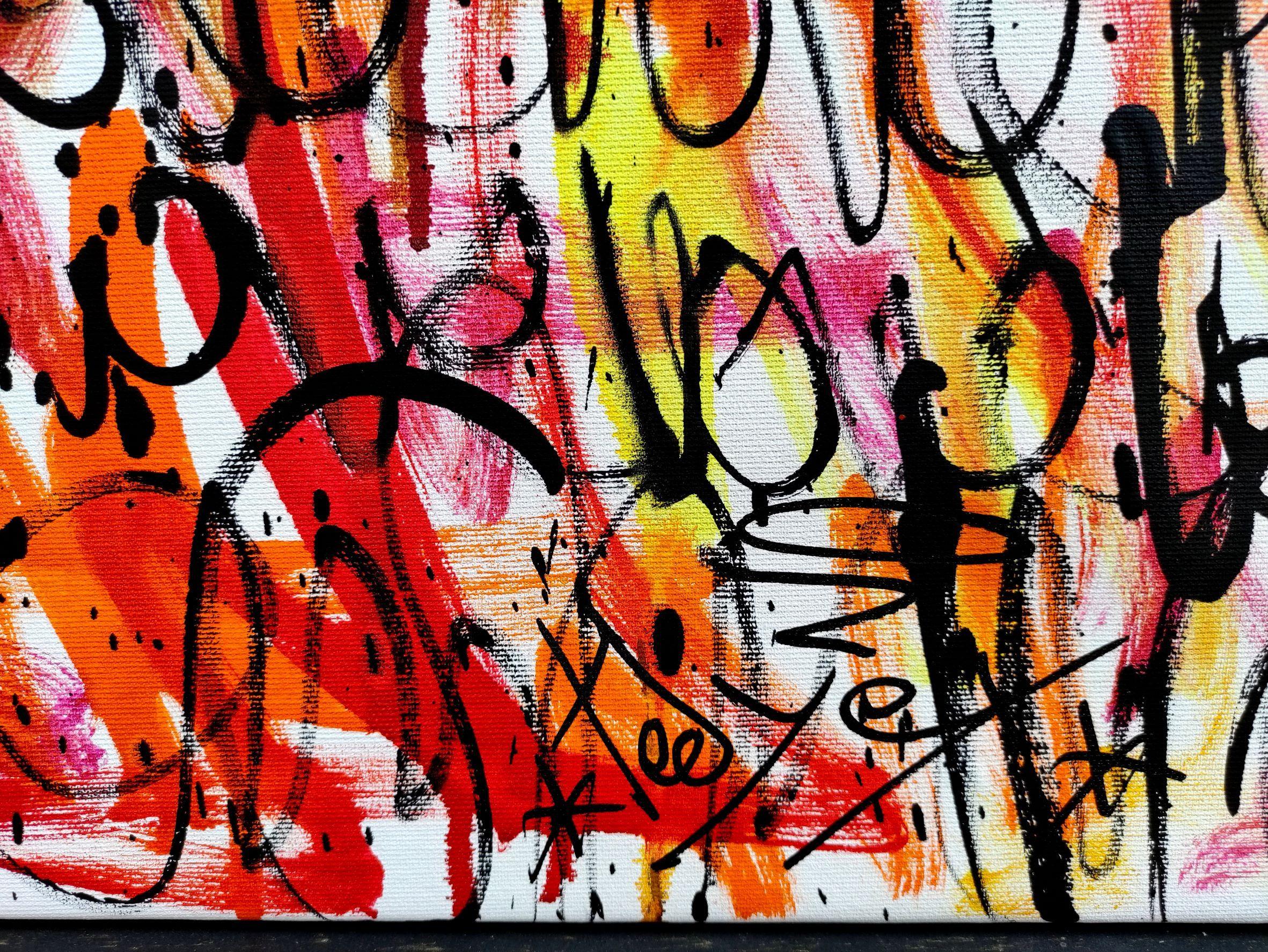 Priez pour aimer. Sur la toile a été répété le mot AMOUR en souvenir de ce que nous devrions vivre. Abstrait urbain, graffiti street art. Acrylique et encre KRINK sur toile : : Peinture : : Street Art : : Cette pièce est accompagnée d'un certificat