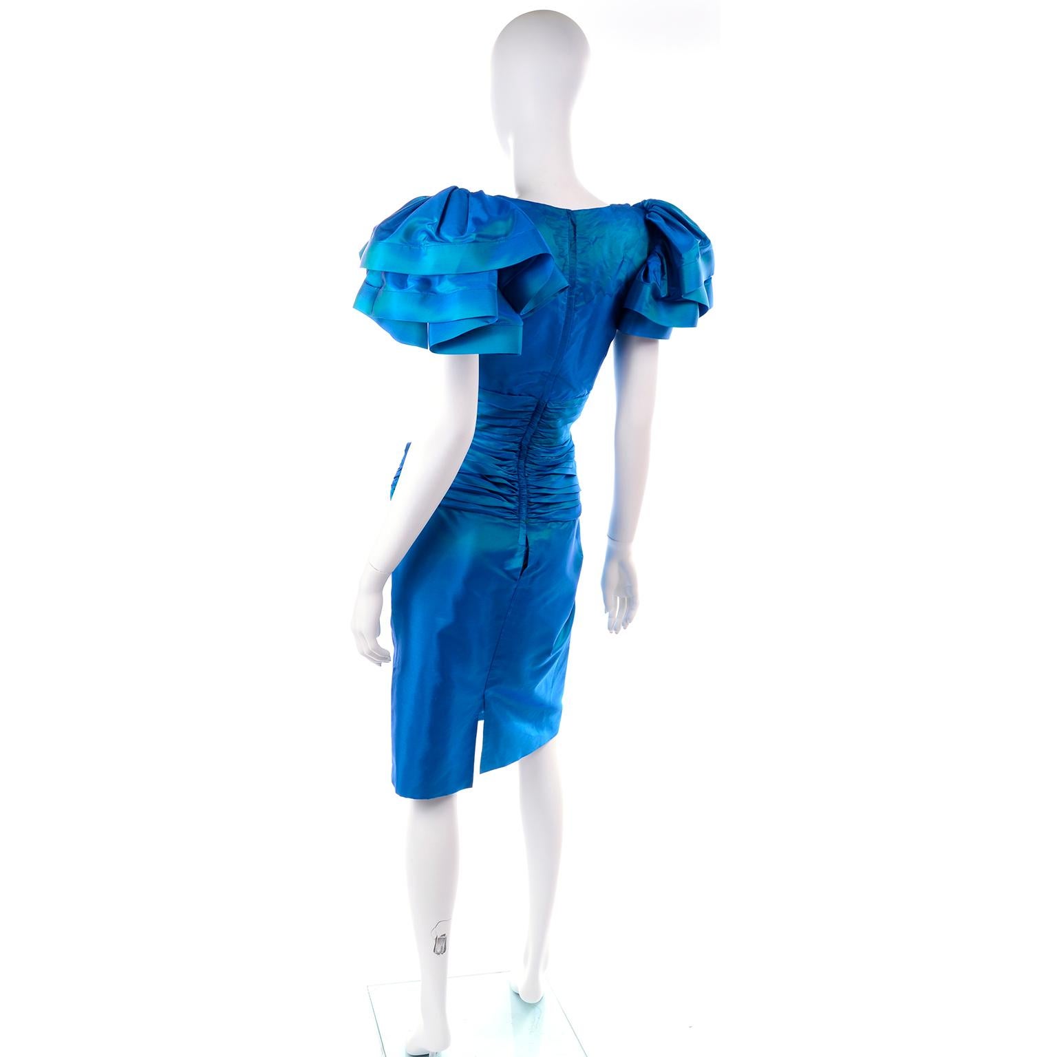 Tadashi 1980s Vintage Iridescent Blue Pleated Evening Dress W Ruffle Sleeves In Excellent Condition In Portland, OR